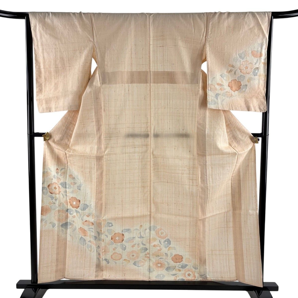 【美品】 訪問着 身丈159cm 裄丈66cm M 単衣 紬地 草花 刺繍 ぼかし 薄オレンジ 正絹 秀品 【中古】