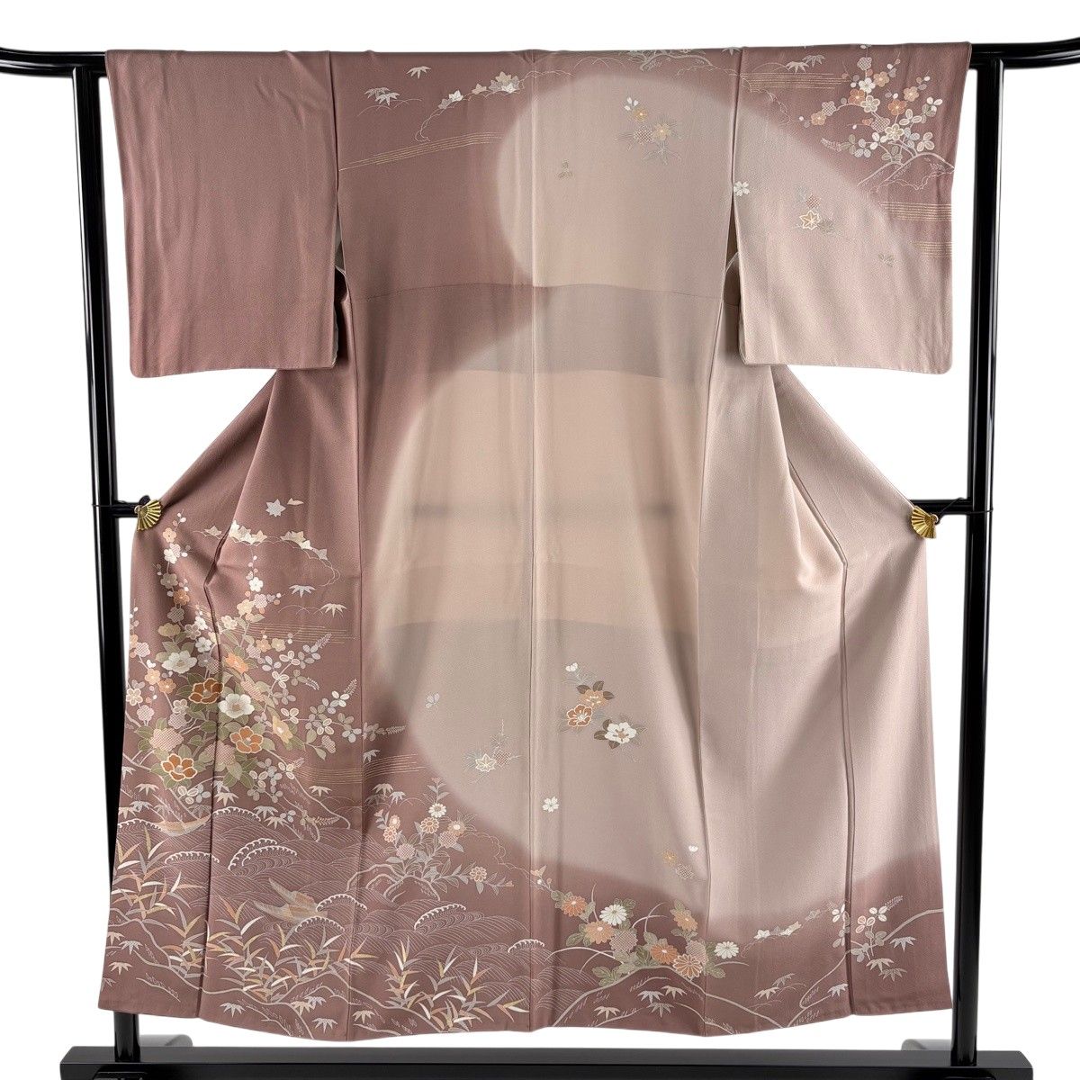 訪問着 身丈150.5cm 裄丈62cm S 袷 波頭 金糸 金彩 小豆色 正絹 秀品 【中古】