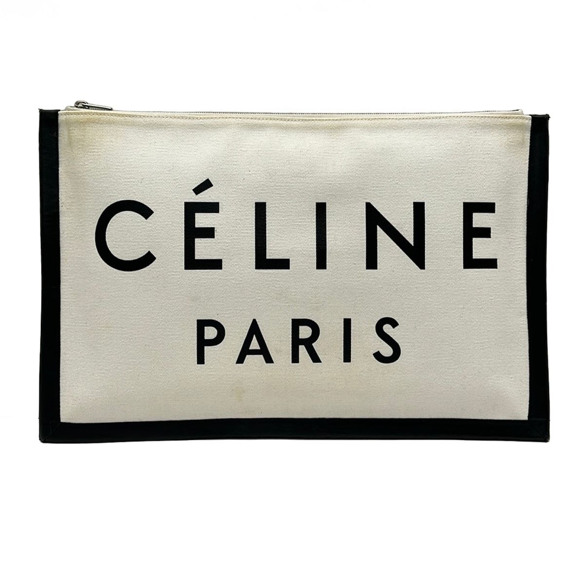 CELINE(セリーヌ) クラッチバッグ - アイボリー×黒 テキスタイルロゴ レザー