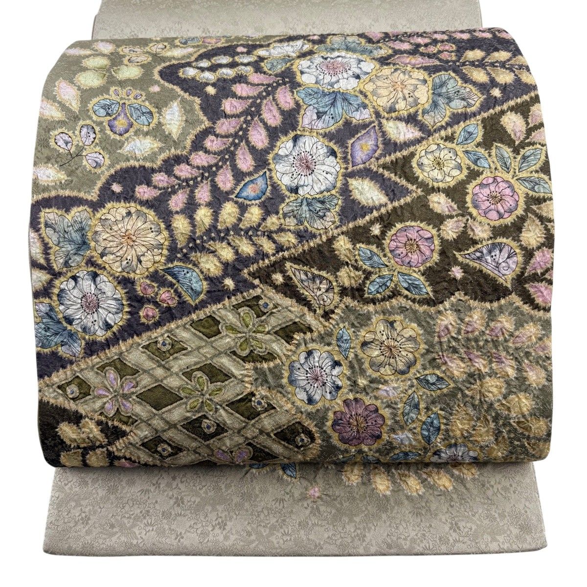 【美品】 袋帯 逸品 翠山工房 落款 辻が花 金通し 茶緑色 お太鼓柄 正絹 【中古】