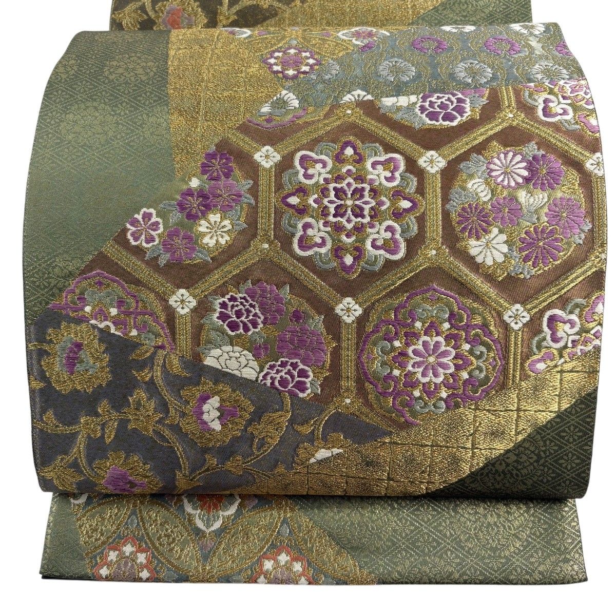 【美品】 袋帯 逸品 落款 じゅらく帝王紫 春秋華映文 花丸文 金糸 箔 緑 お太鼓柄 正絹 【中古】