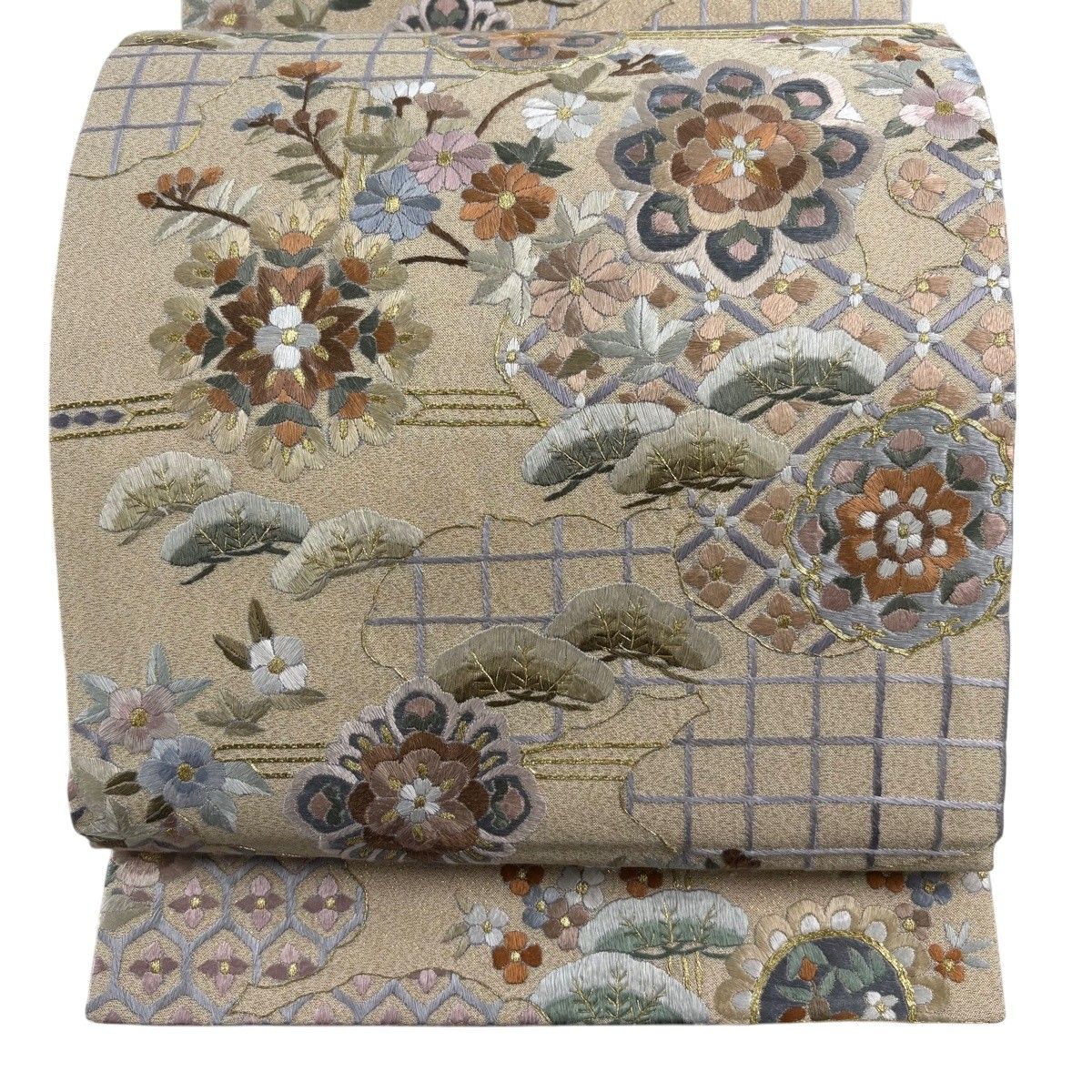 【美品】 袋帯 逸品 華文 松 金糸 箔 ベージュ 六通 正絹 【中古】