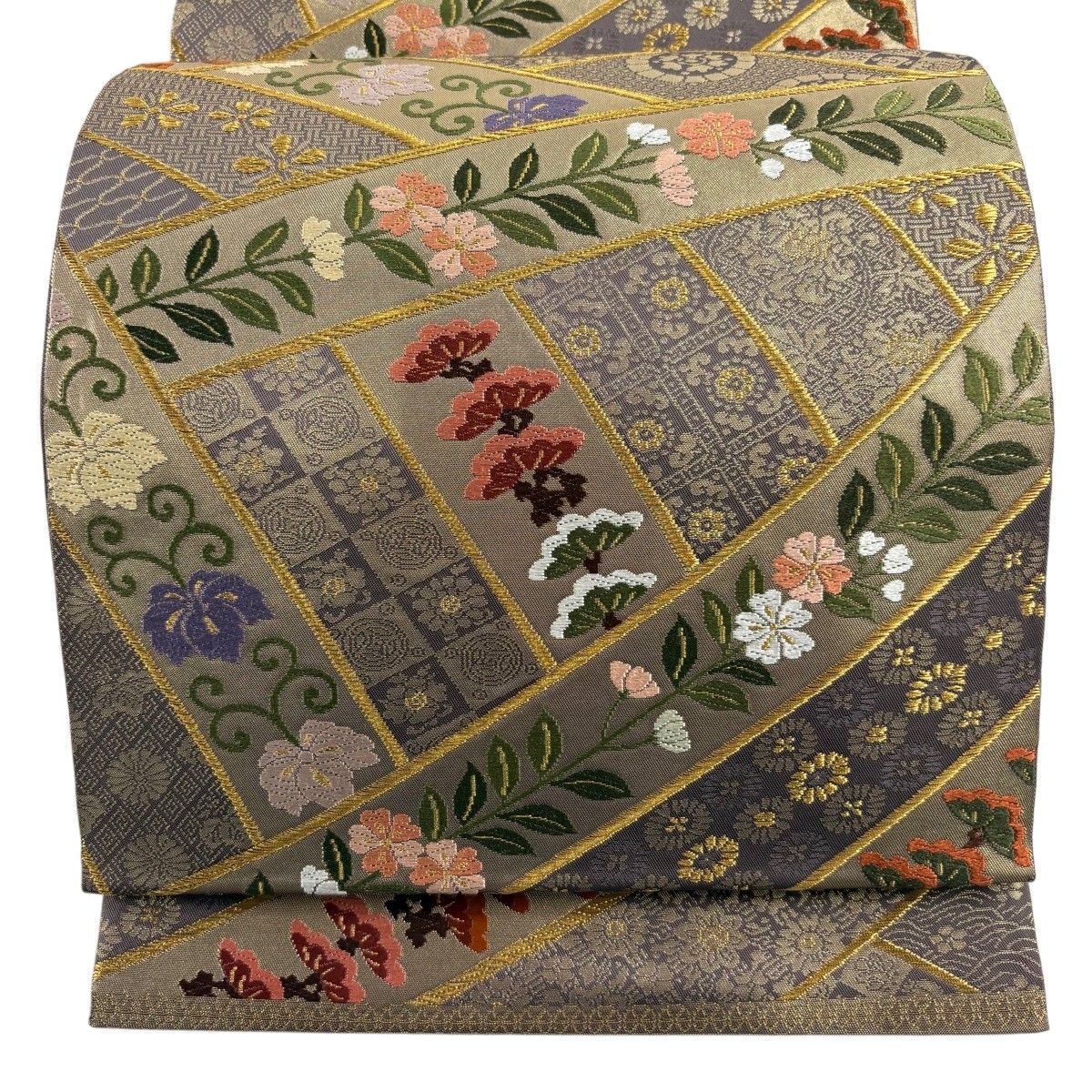 【美品】 袋帯 逸品 北出与三郎 落款 正倉院名物宝冠鬘文様 関西仕立て 草花 松 金糸 箔 紫 六通 正絹 【中古】
