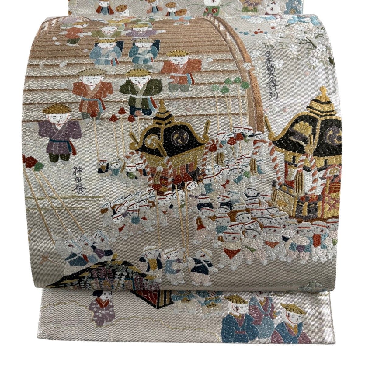 袋帯 逸品 手先二通り 日本の祭 人物 箔 刺繍 銀色 お太鼓柄 正絹 【中古】