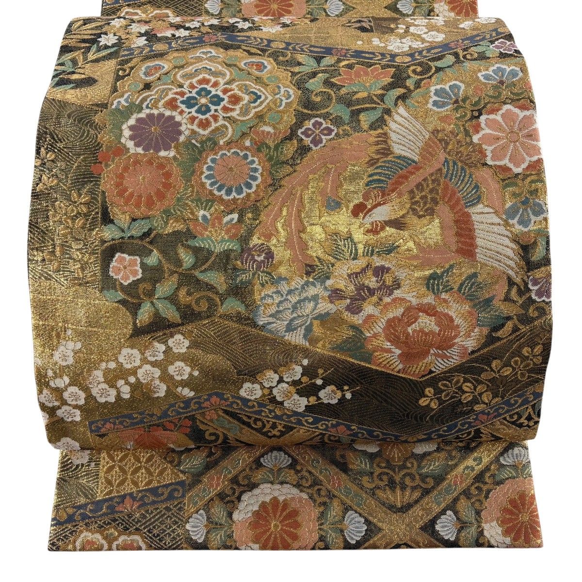 【美品】 袋帯 秀品 花鳥 花唐草 金糸 箔 金色 六通 正絹 【中古】