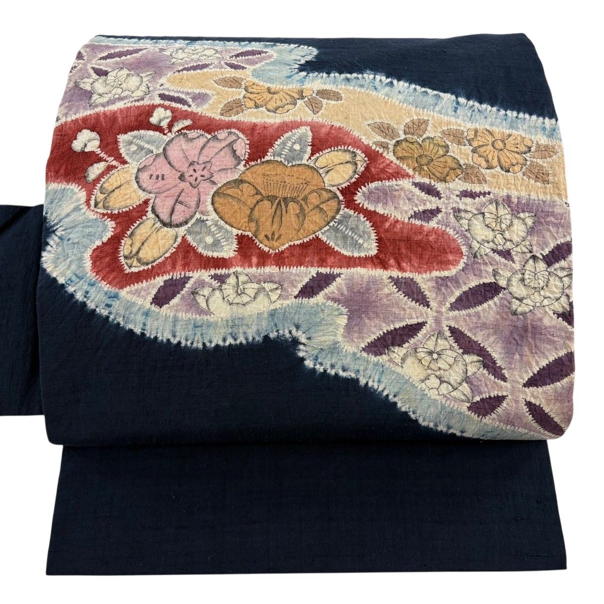 【美品】 名古屋帯 秀品 落款 草花 七宝 絞り 染め分け 紺色 正絹 【中古】