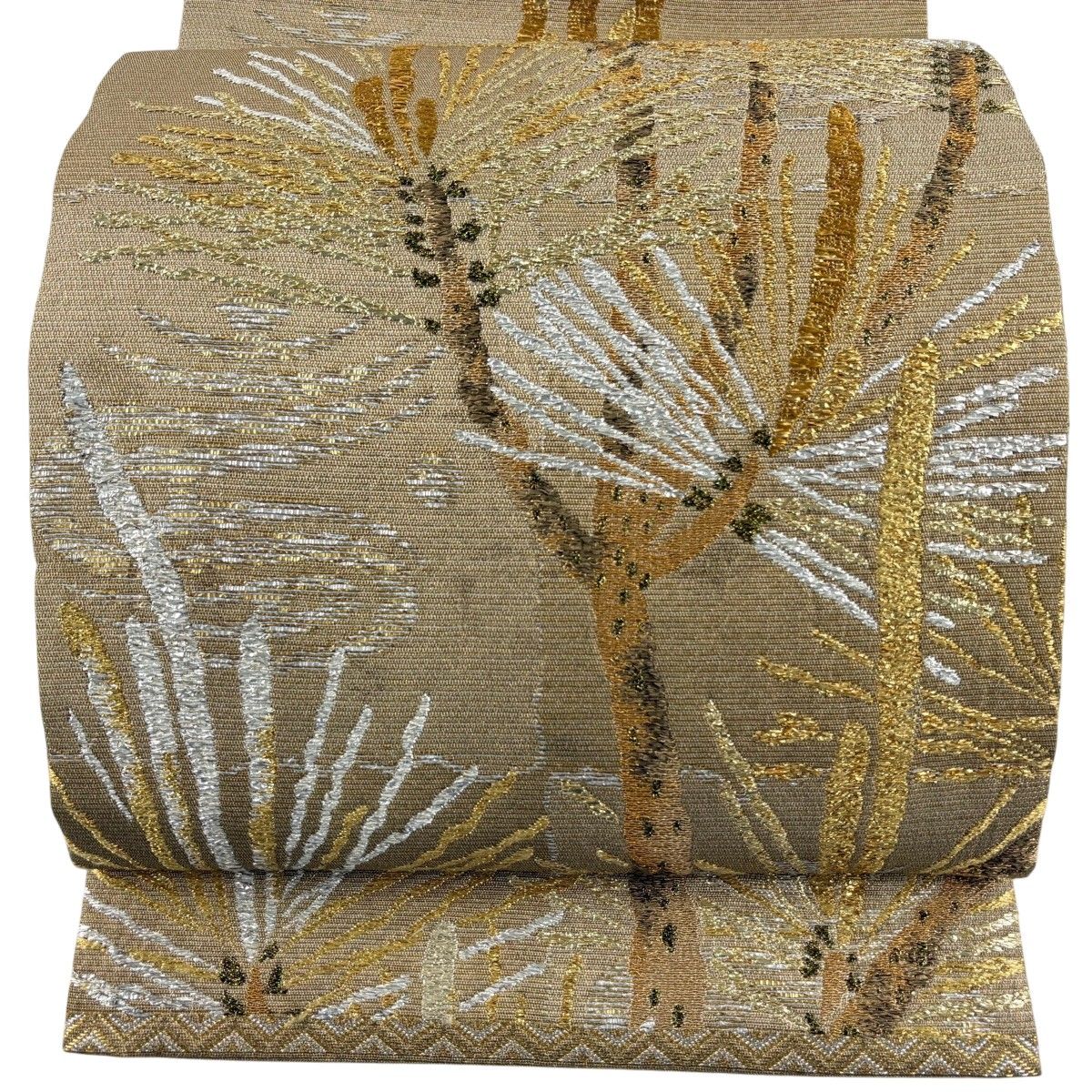 【美品】 袋帯 名品 若松 箔 金糸 薄茶色 六通 正絹 【中古】