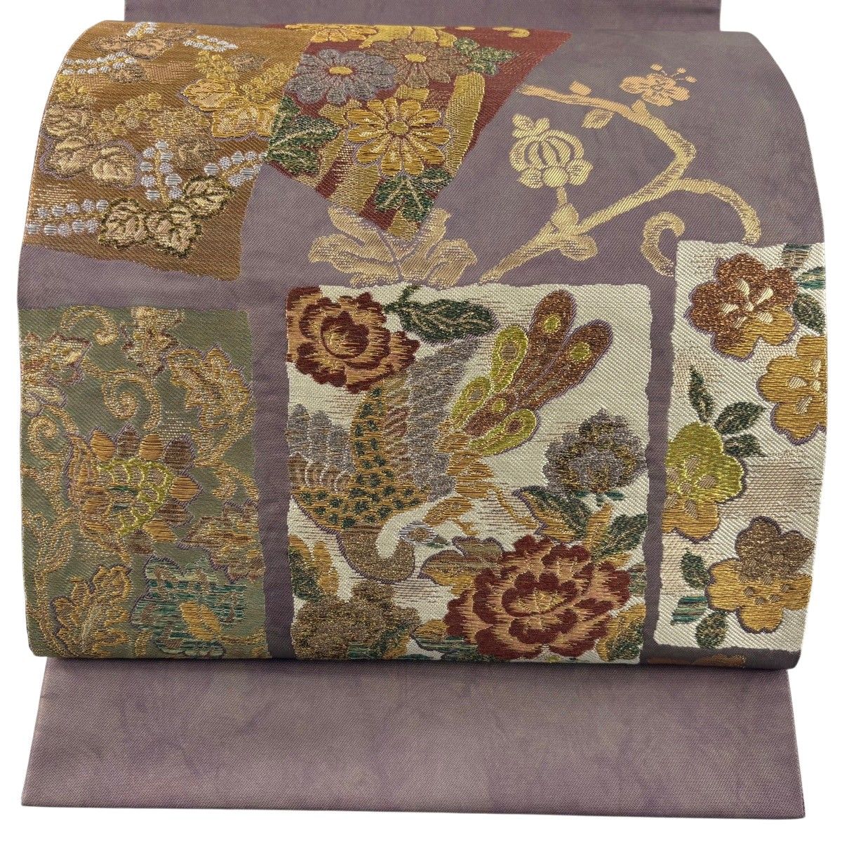 【美品】 袋帯 名品 陶眩箔 やまと 色紙 花鳥 金糸 灰紫 六通 正絹 【中古】