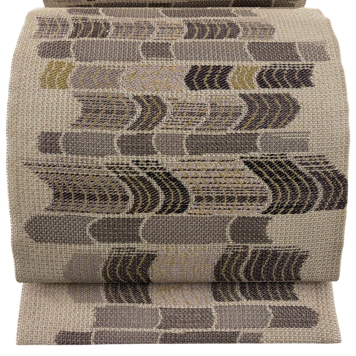 【美品】 袋帯 名品 幾何学 箔 薄茶色 六通 正絹 【中古】