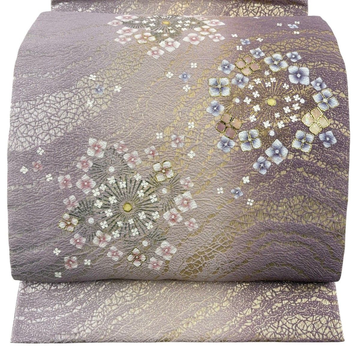 【美品】 袋帯 名品 落款 鈴乃屋 花 螺鈿 金銀彩 薄紫 お太鼓柄 正絹 【中古】