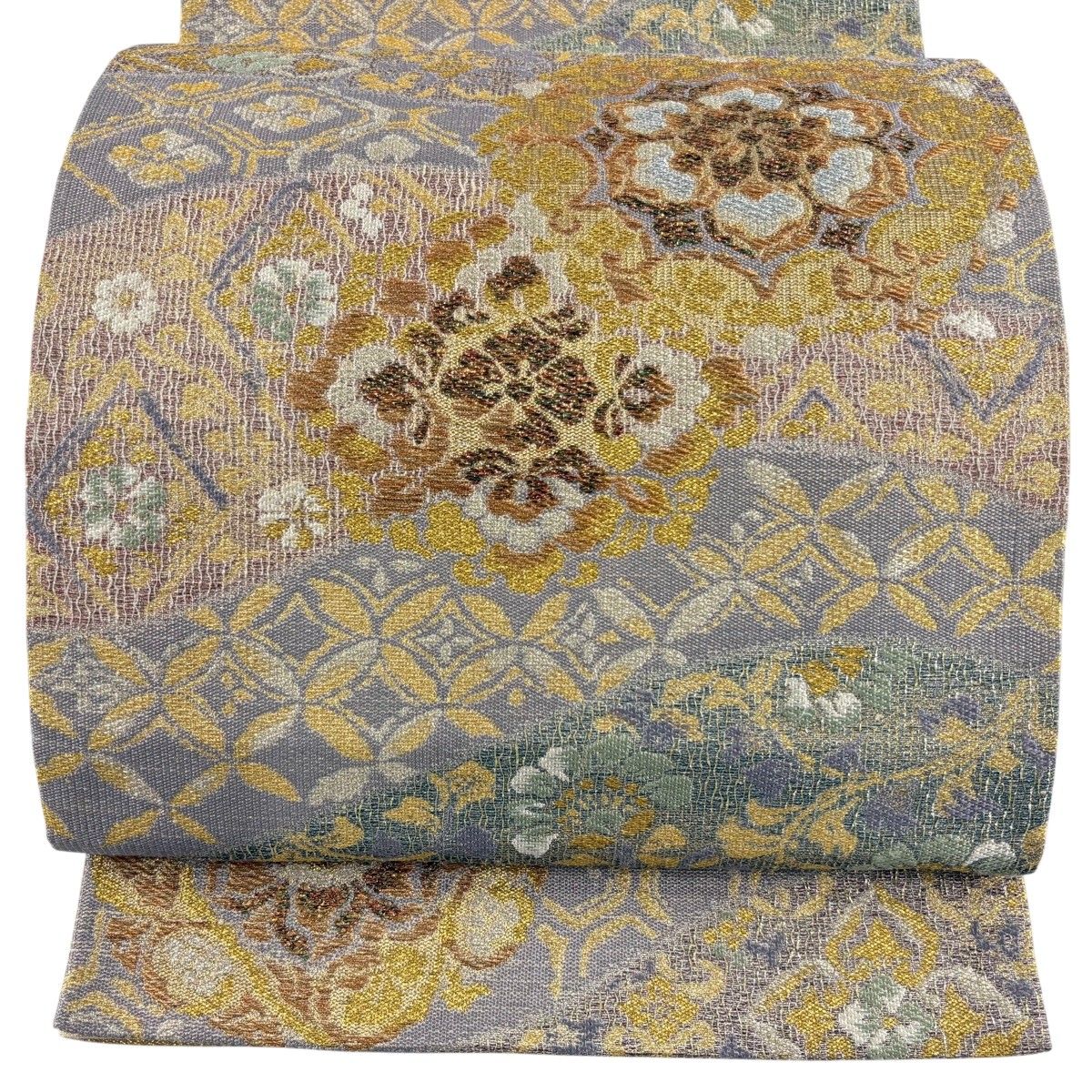 【美品】 袋帯 名品 華文 有職文様 箔 金銀糸 薄紫 六通 正絹 【中古】