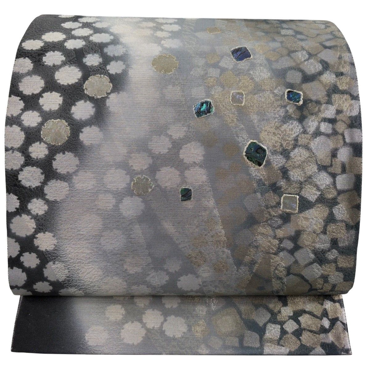【美品】 袋帯 名品 箔散らし 雪輪 箔 灰色 お太鼓柄 正絹 【中古】