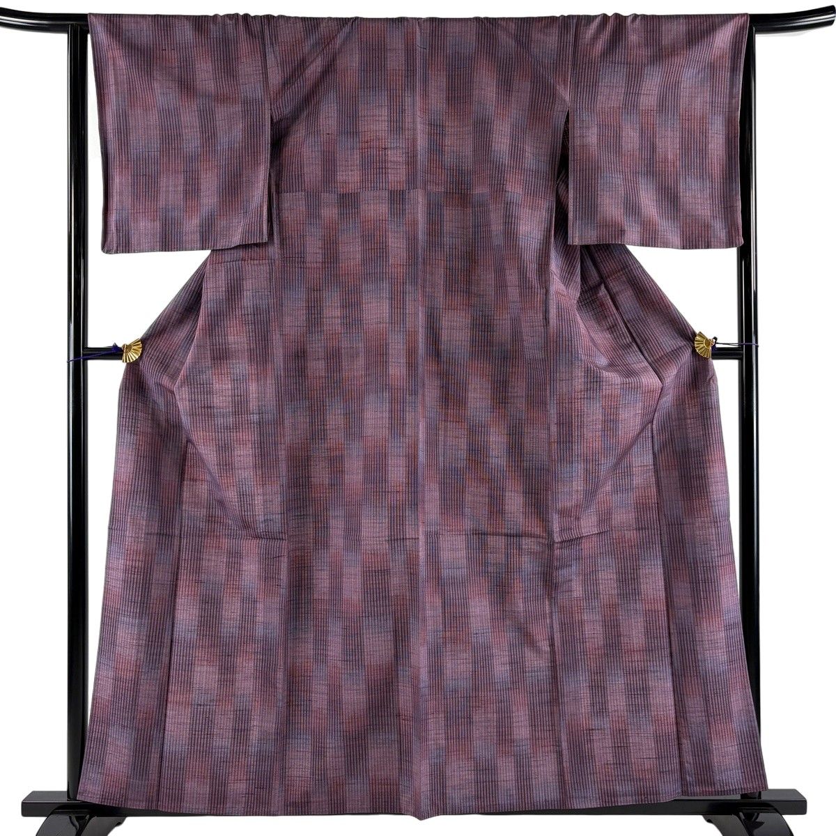 【美品】 紬 身丈159cm 裄丈65cm M 単衣 証紙 縞 変わり市松 紫 正絹 秀品 【中古】