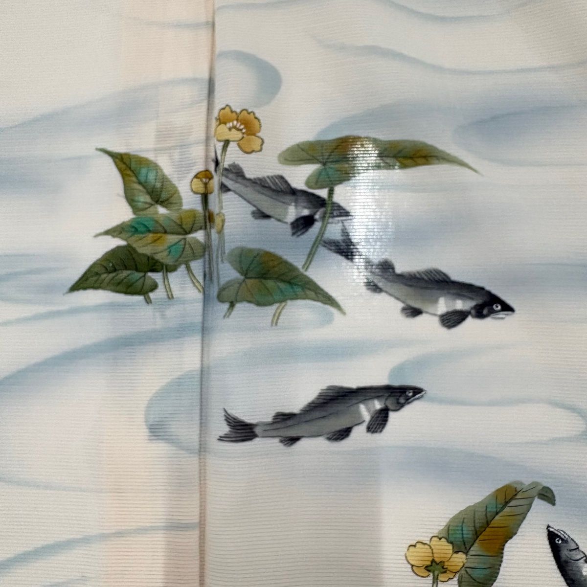 付下げ 身丈164cm 裄丈65.5cm M 薄物 絽 魚 水辺の花 ぼかし ピンク 