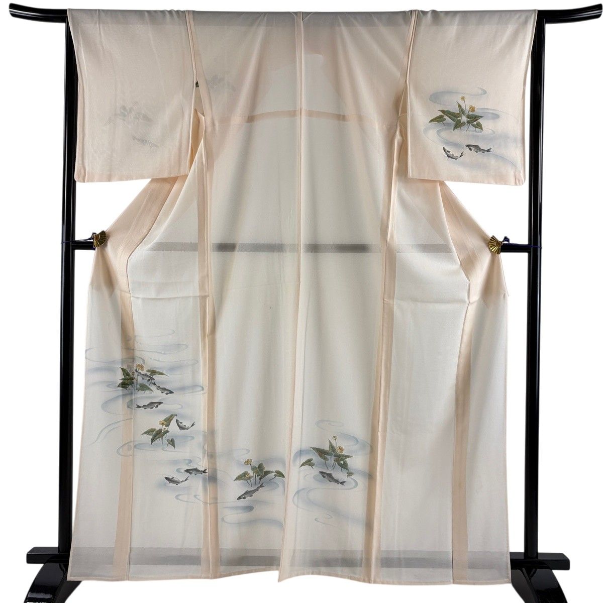 付下げ 身丈164cm 裄丈65.5cm M 薄物 絽 魚 水辺の花 ぼかし ピンクベージュ 正絹 秀品 【中古】