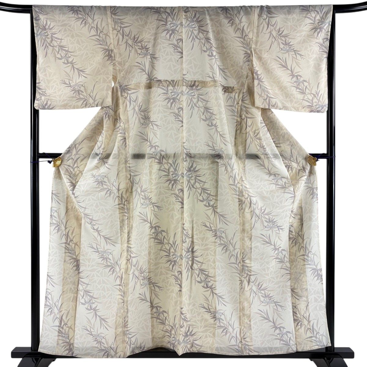 小紋 身丈158.5cm 裄丈66.5cm M 薄物 バチ衿 葉柄 シルエット ベージュ 正絹 秀品 【中古】