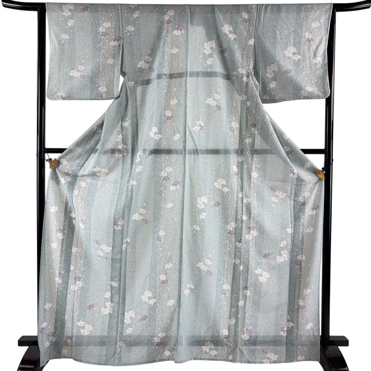 【美品】 小紋 身丈167.5cm 裄丈64cm M 薄物 絽 バチ衿 縦縞 梅 青灰色 正絹 秀品 【中古】