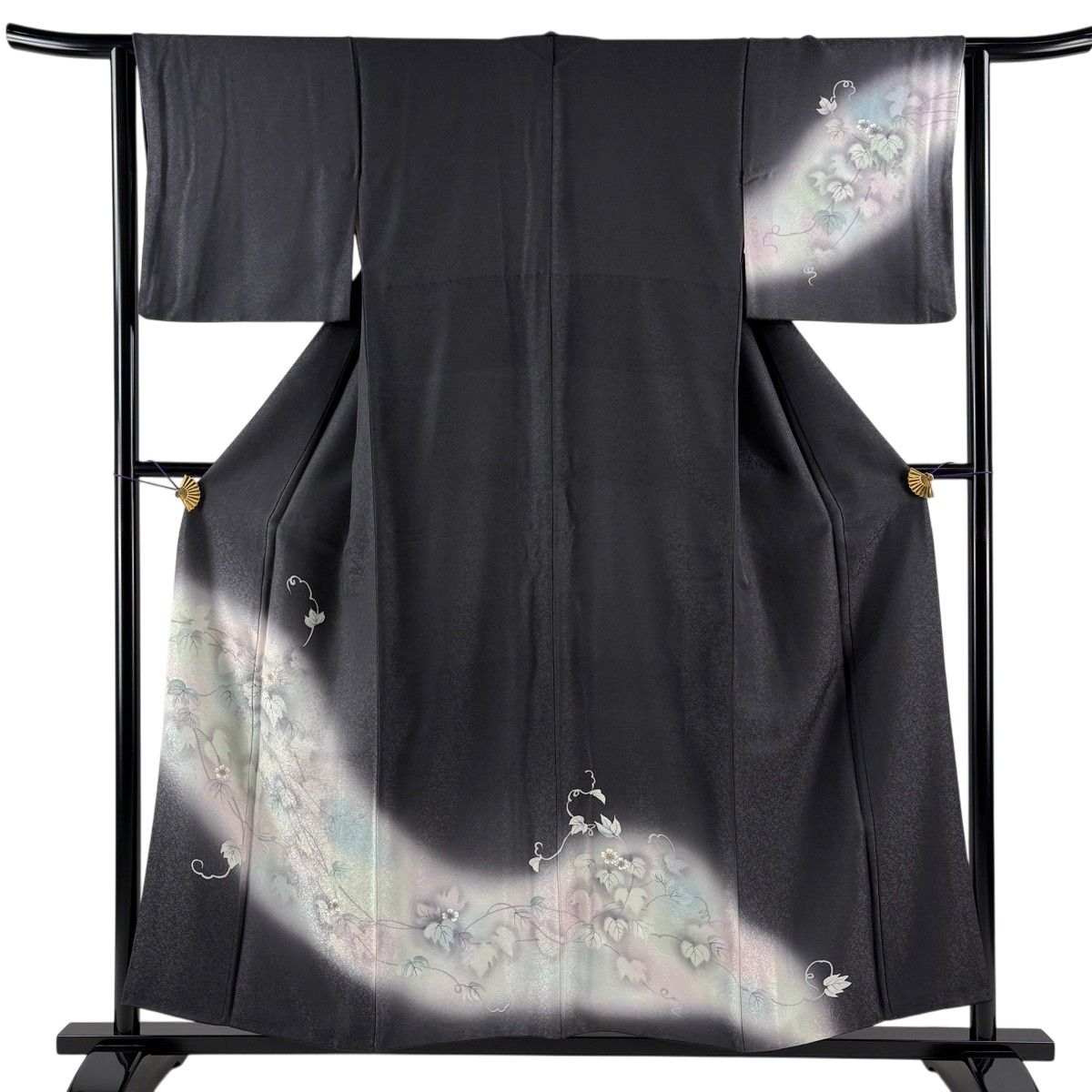 【美品】 付下げ 身丈155cm 裄丈64cm M 袷 葡萄 花 ぼかし 黒灰 正絹 秀品 【中古】