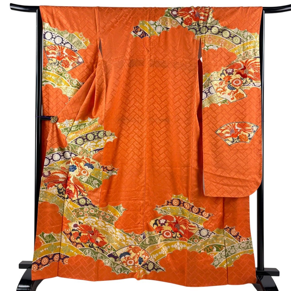 振袖 身丈164cm 裄丈66.5cm M 袷 鳳凰 花唐草 刺繍 金糸 オレンジ 正絹 秀品 【中古】