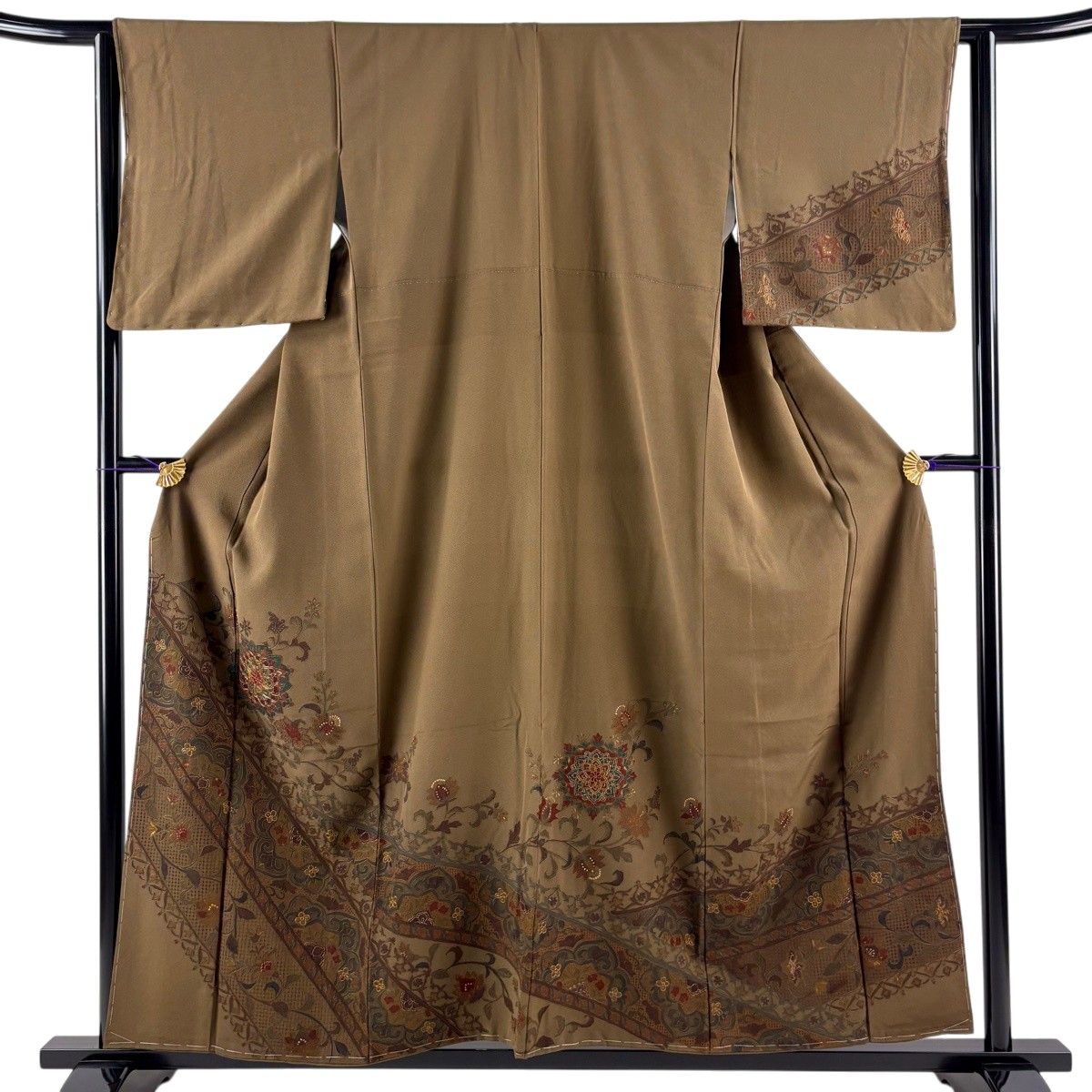 【美品】 訪問着 身丈157cm 裄丈63cm S 袷 華文 花唐草 刺繍 金糸 茶緑色 正絹 秀品 【中古】