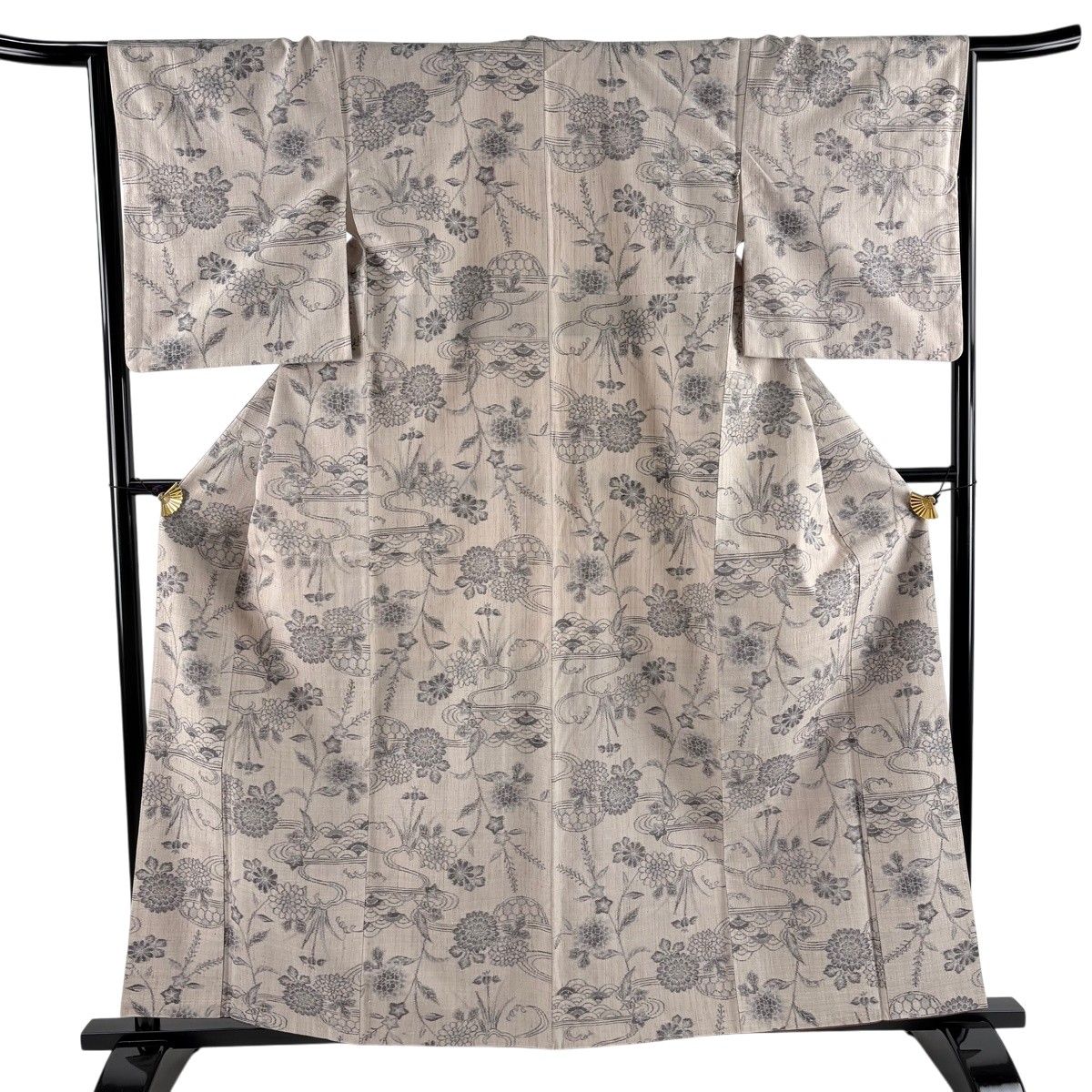 【美品】 紬 身丈160cm 裄丈65cm M 袷 菊 流水 薄小豆 正絹 秀品 【中古】