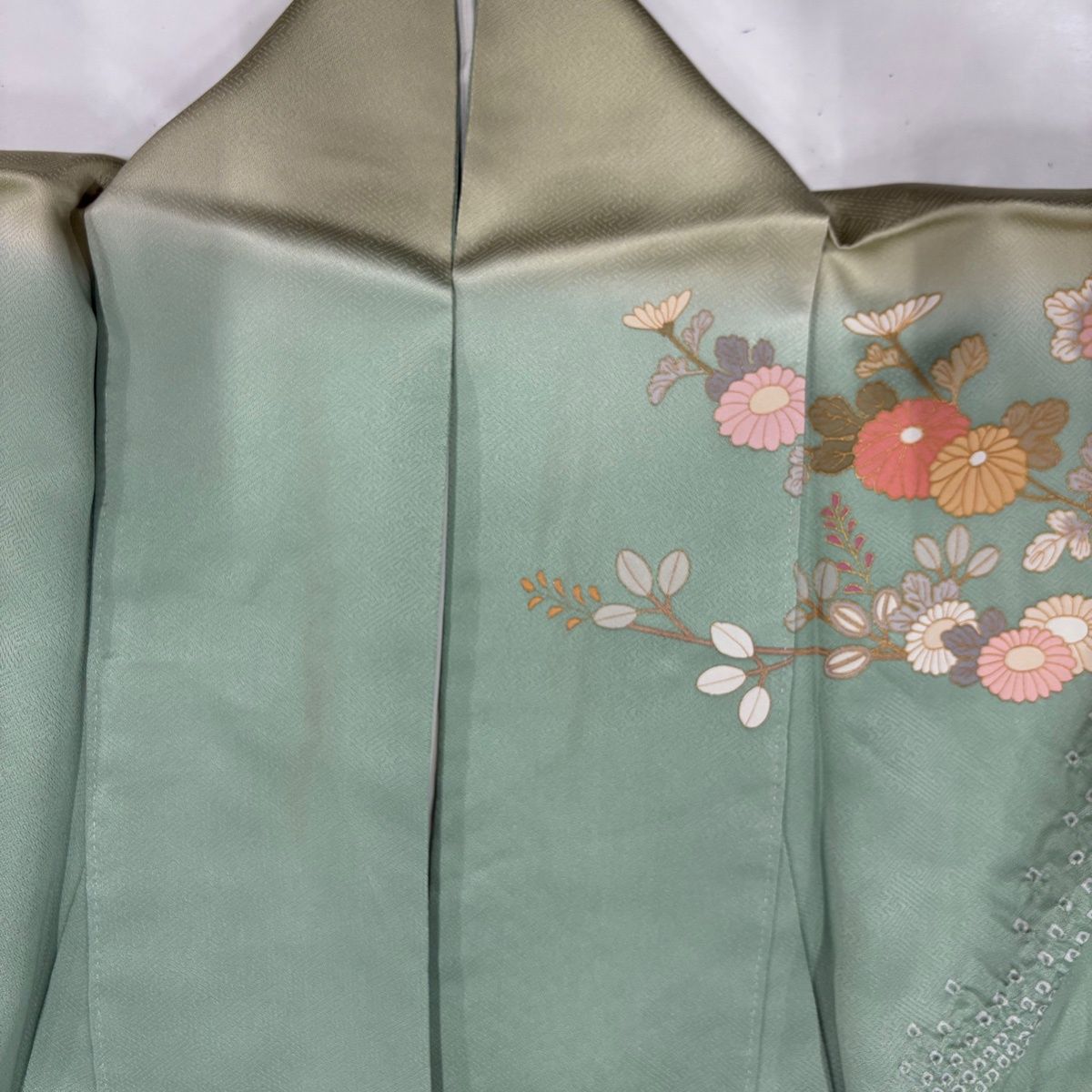 訪問着 身丈157.5cm 裄丈62.5cm S 袷 菊 間垣 金彩 絞り 薄緑 正絹 秀