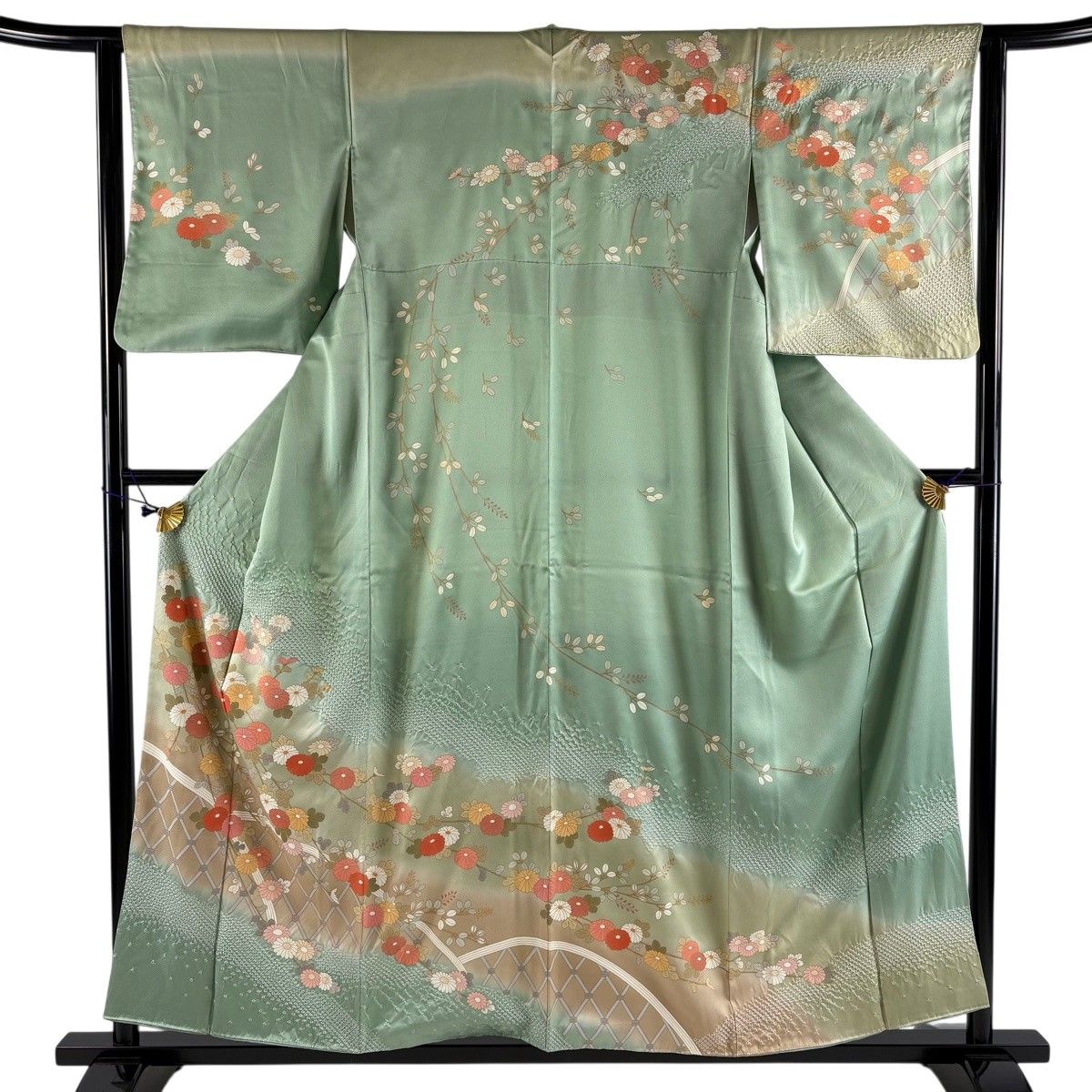 競ナビ】訪問着 名品 菊 桜 金糸 金彩 薄緑 袷 身丈158cm 裄丈64.5cm M