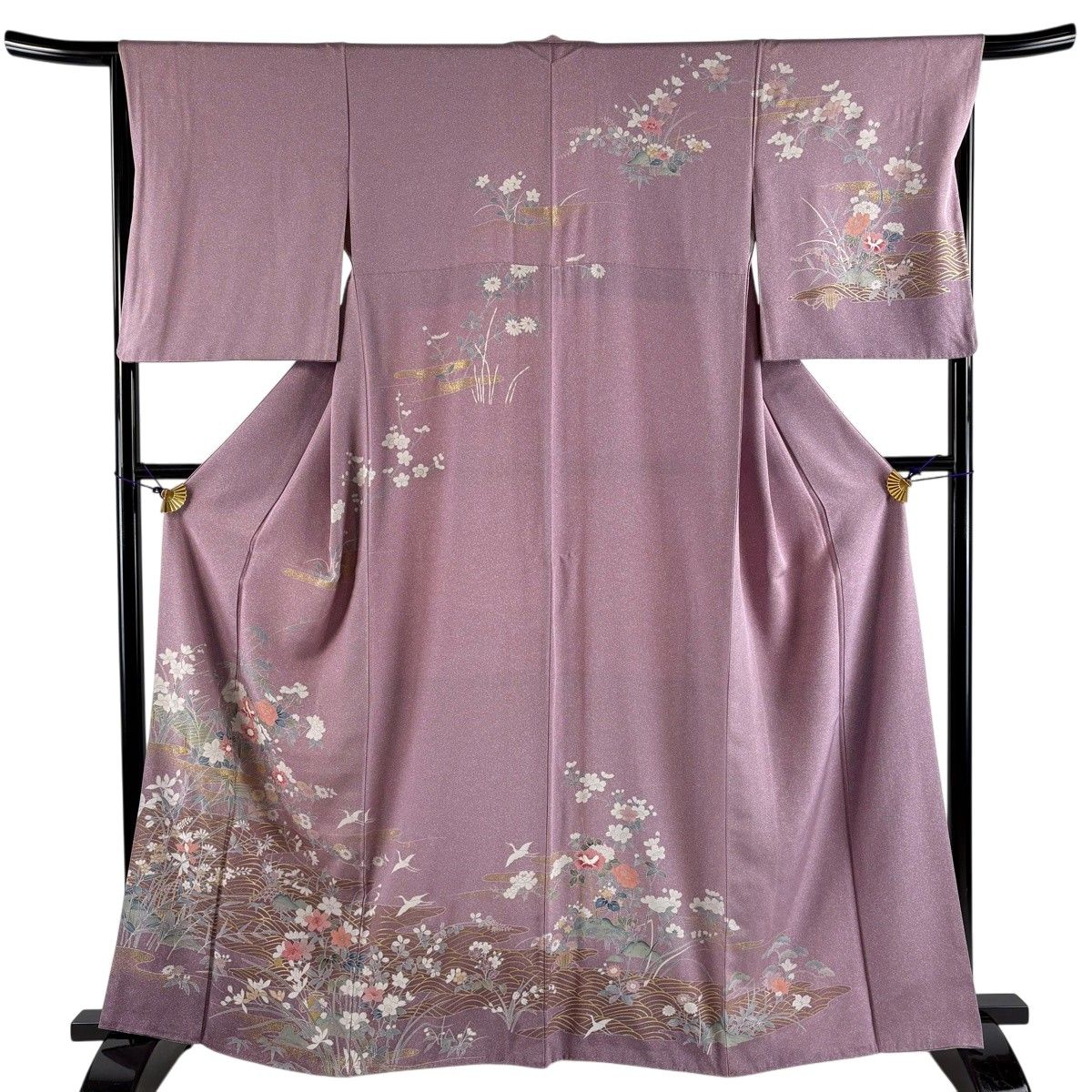 訪問着 身丈163cm 裄丈65.5cm M 袷 やまと 草花 波 金彩 薄紫 正絹 秀品 【中古】