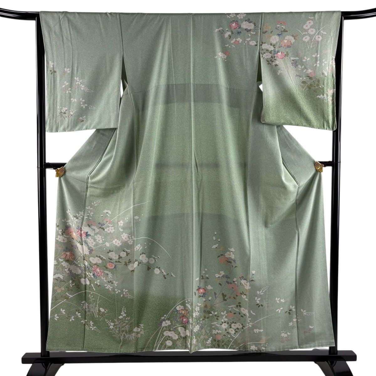 訪問着 身丈157cm 裄丈65cm M 袷 菊 椿 ぼかし 薄緑 正絹 秀品 【中古】