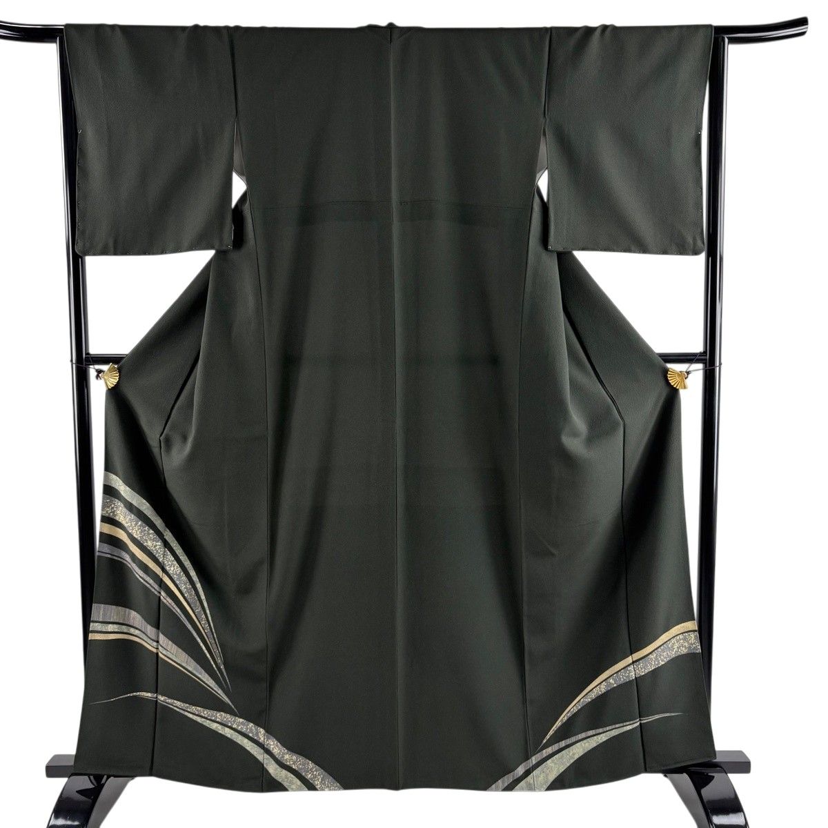 【美品】 付下げ 身丈161.5cm 裄丈65cm M 袷 幾何学 金彩 深緑 正絹 秀品 【中古】