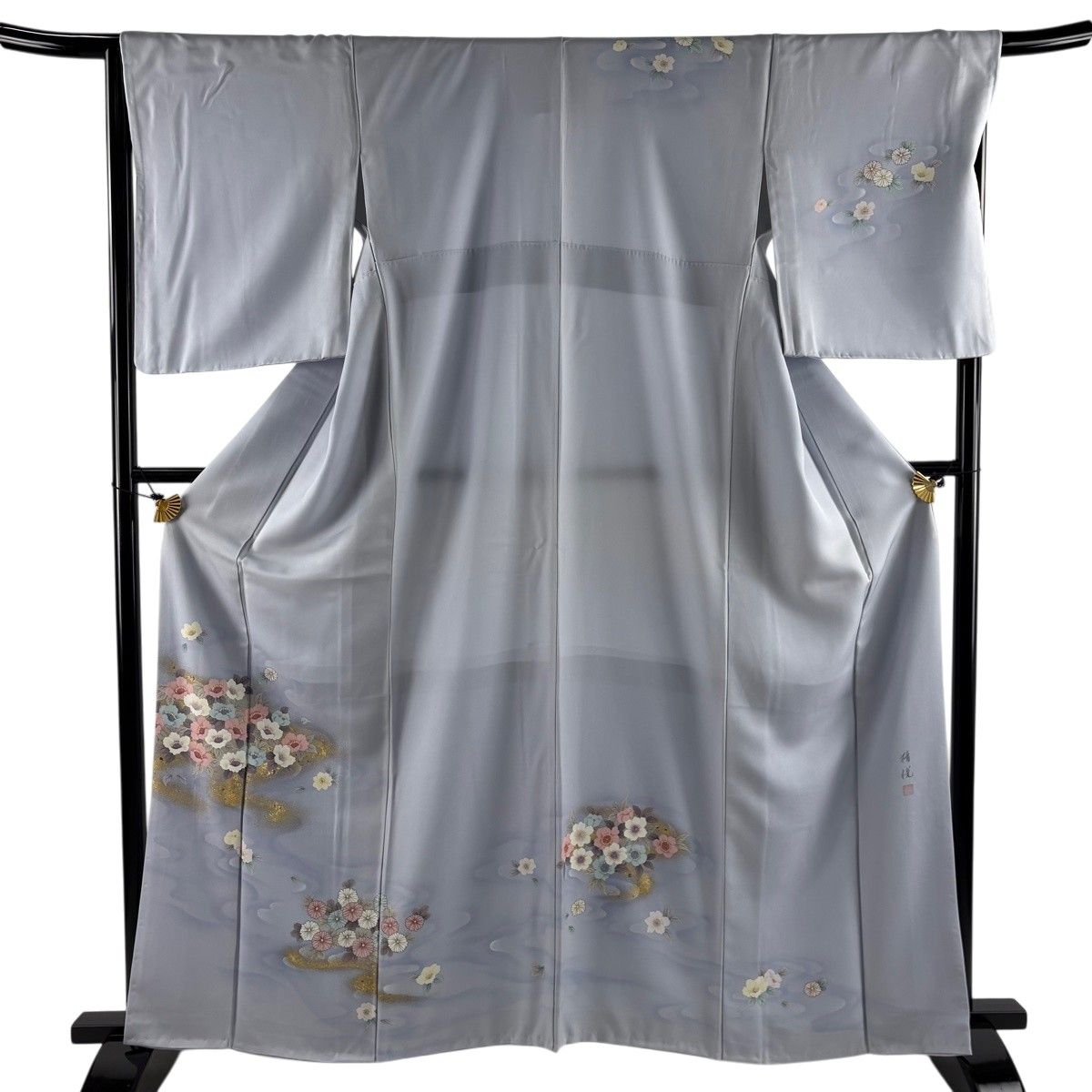 訪問着 身丈162.5cm 裄丈67.5cm L 袷 落款 草花 霞 金彩 ぼかし 水色