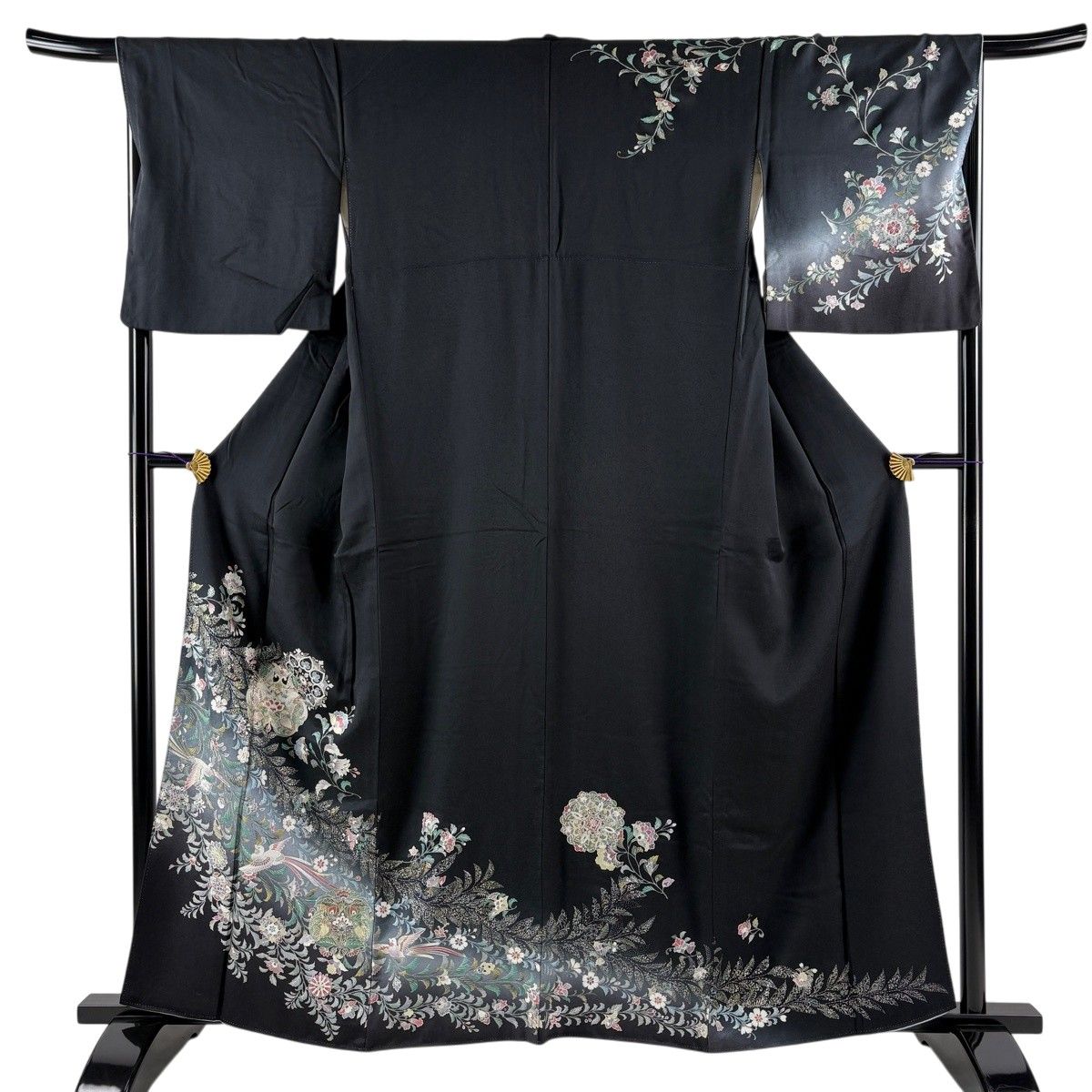 訪問着 身丈160.5cm 裄丈67cm M 袷 華文 向かい鳥 金銀彩 ぼかし 黒 正絹 秀品 【中古】