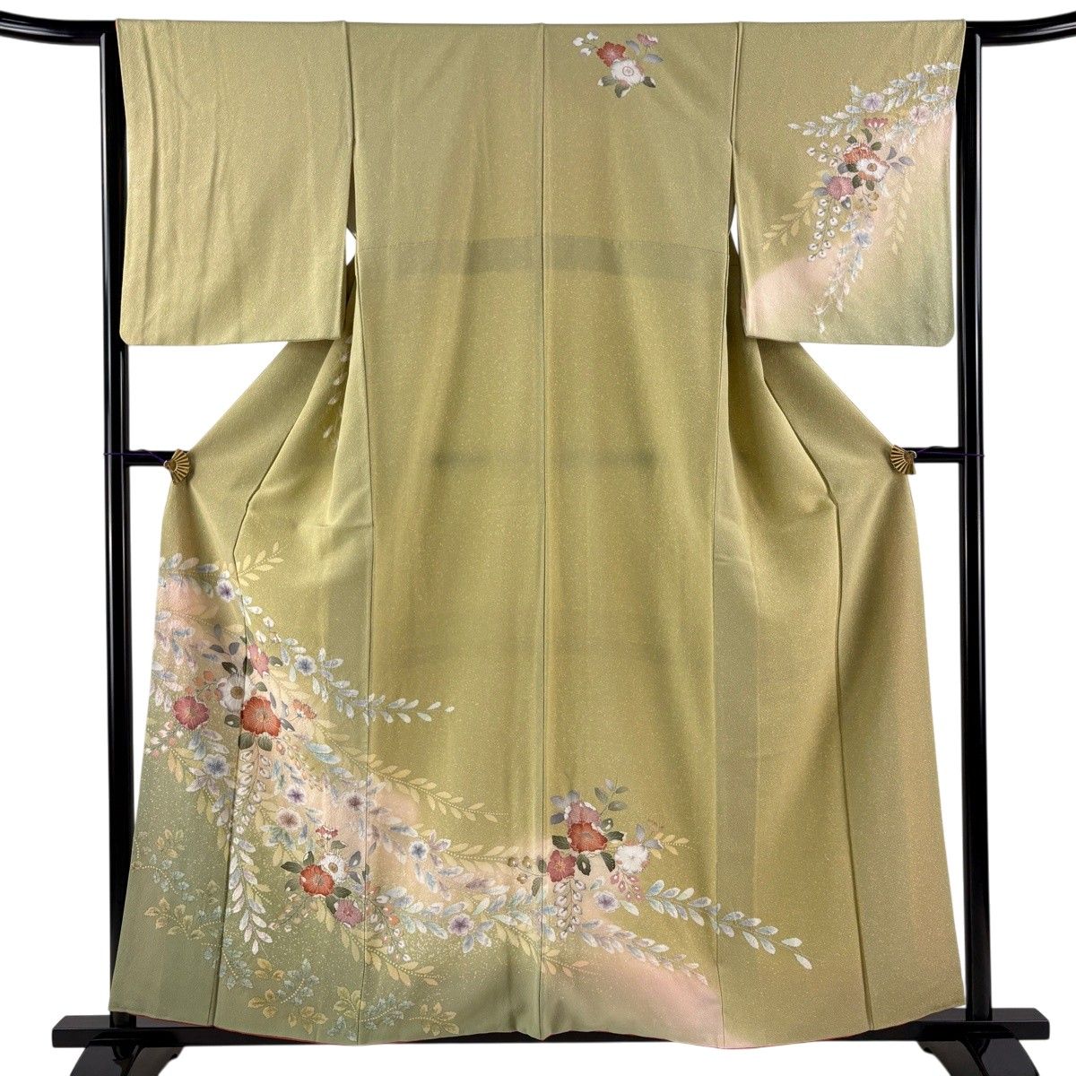 訪問着 身丈158.5cm 裄丈64cm M 袷 辻が花柄 ぼかし 黄緑色 正絹 秀品 【中古】
