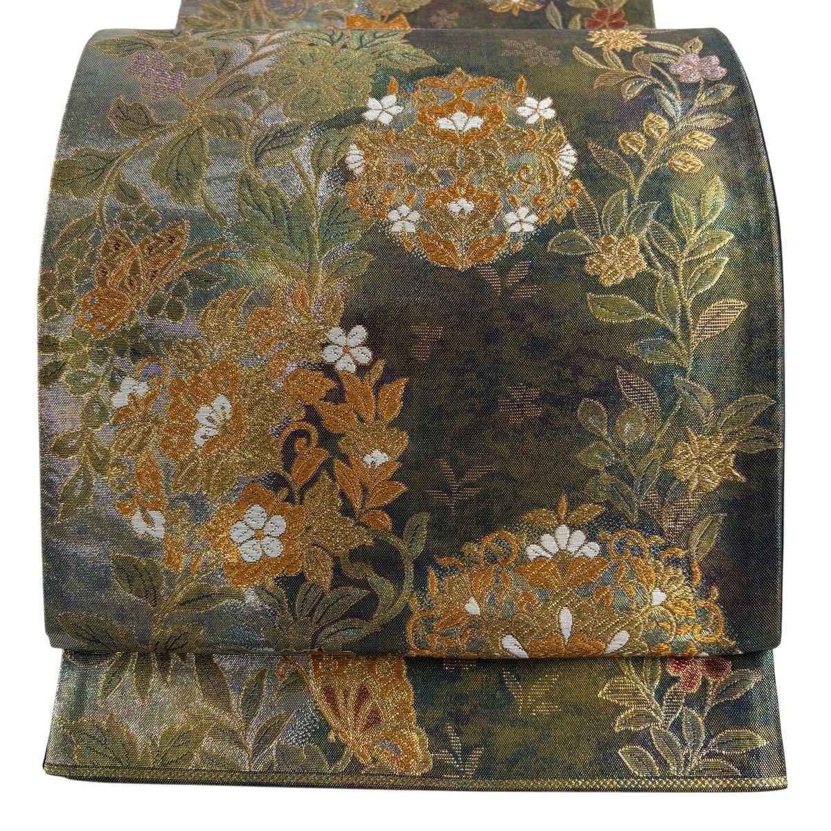 【美品】 袋帯 秀品 華文 草花 金糸 箔 青緑 六通 正絹 【中古】