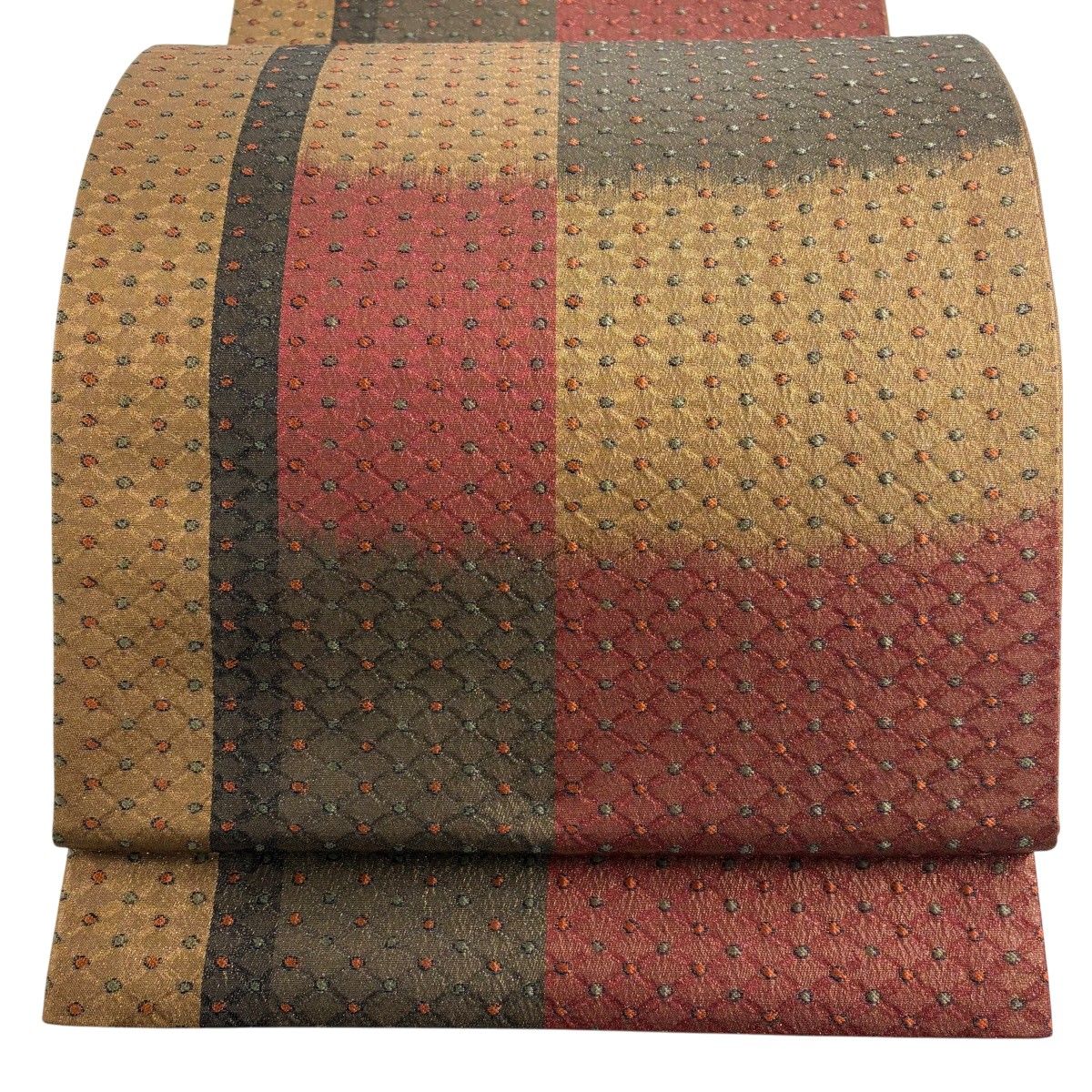 【美品】 袋帯 秀品 変わり市松 ドット 箔 茶色 六通 正絹 【中古】