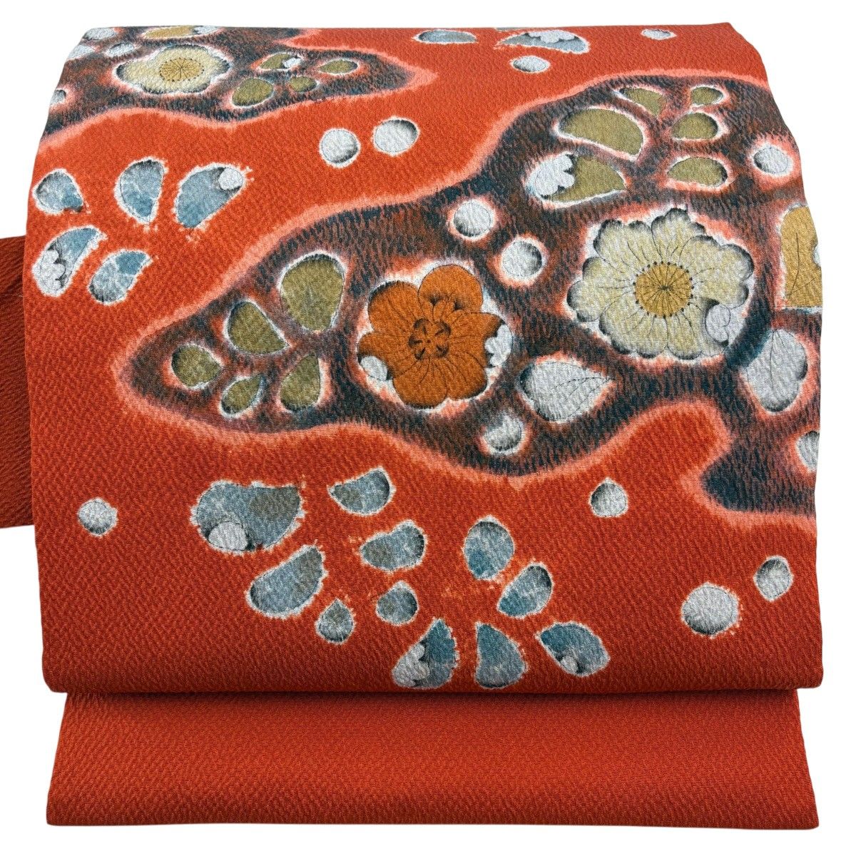 【美品】 名古屋帯 秀品 辻が花柄 霞 朱色 正絹 【中古】