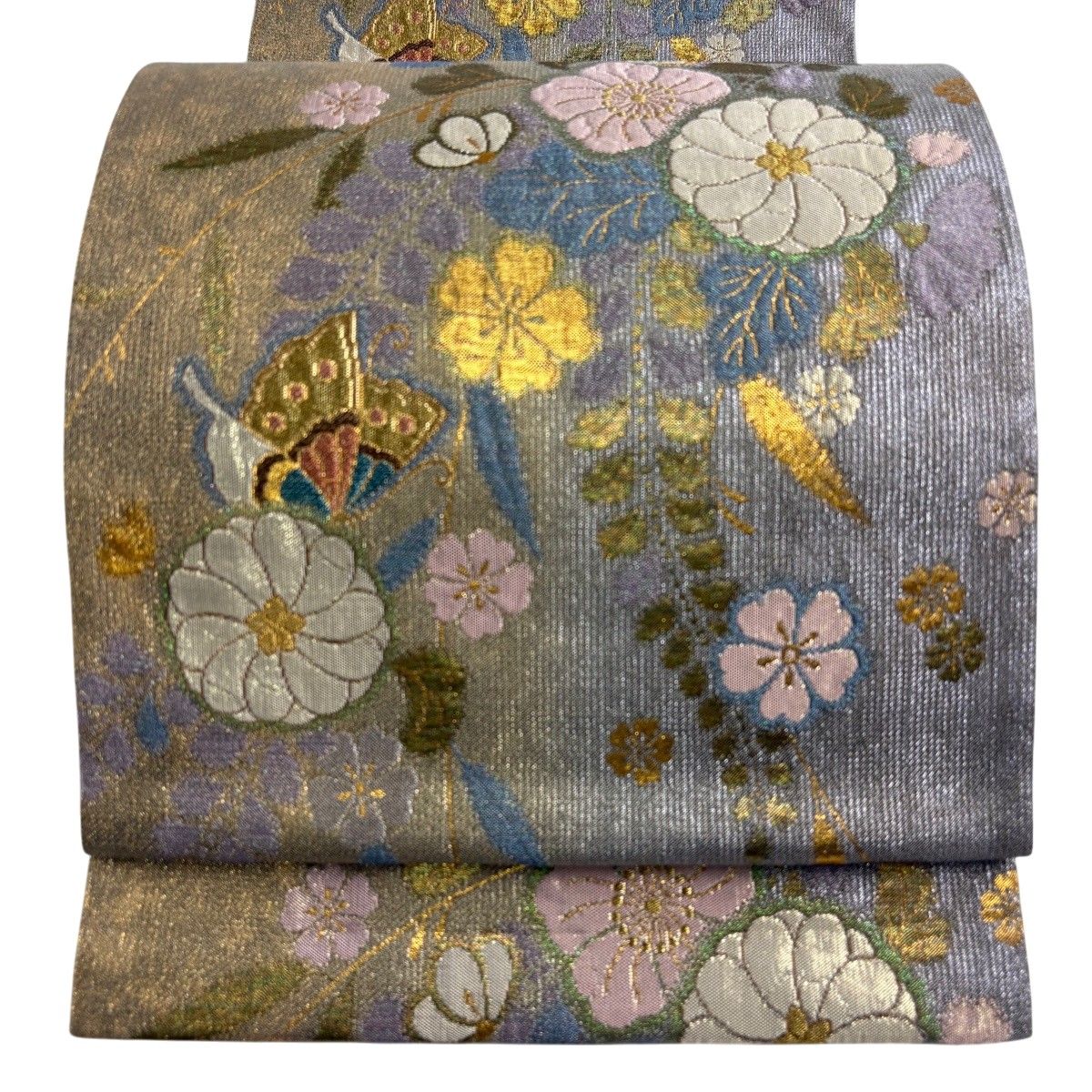 【美品】 袋帯 秀品 蝶 草花 箔 金糸 銀色 六通 正絹 【中古】