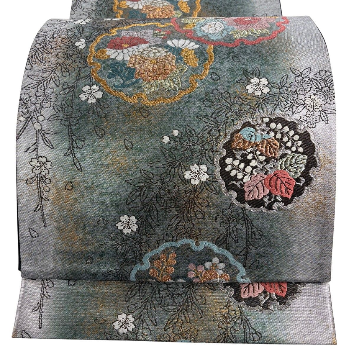 【美品】 袋帯 秀品 雪輪 草花 金銀糸 光釉色箔 青灰色 六通 正絹 【中古】