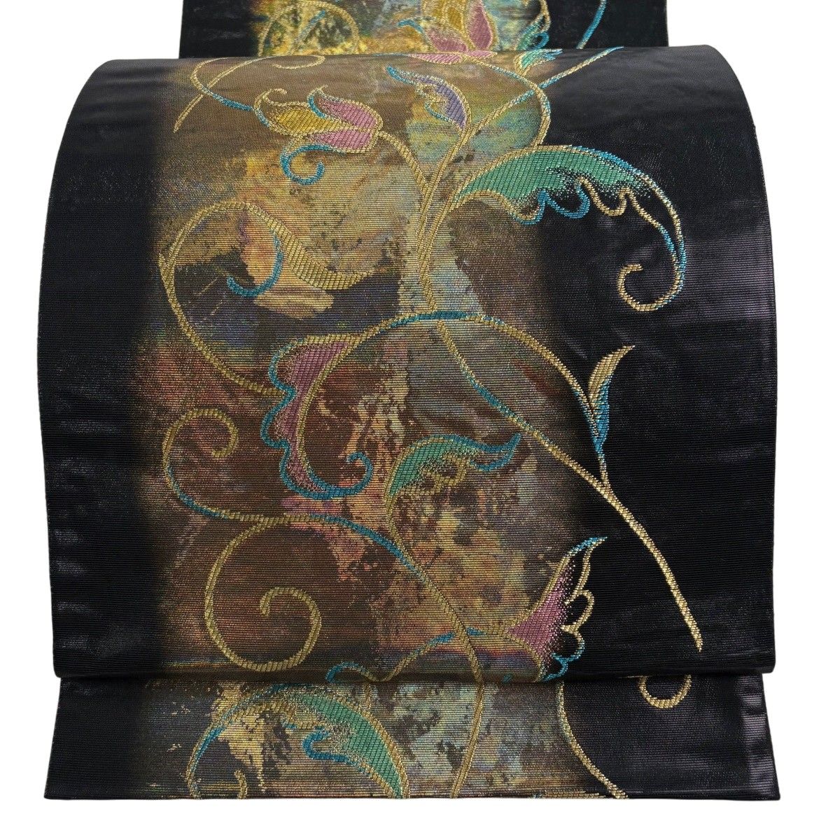 【美品】 袋帯 秀品 花唐草 金糸 箔 黒 六通 正絹 【中古】