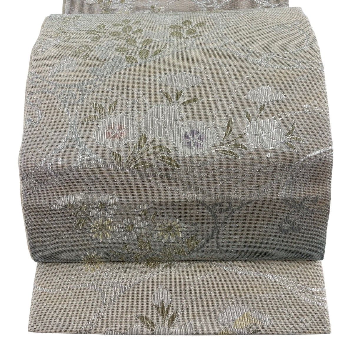 【美品】 袋帯 秀品 夏帯 撫子 流水 箔 金糸 クリーム 六通 正絹 【中古】