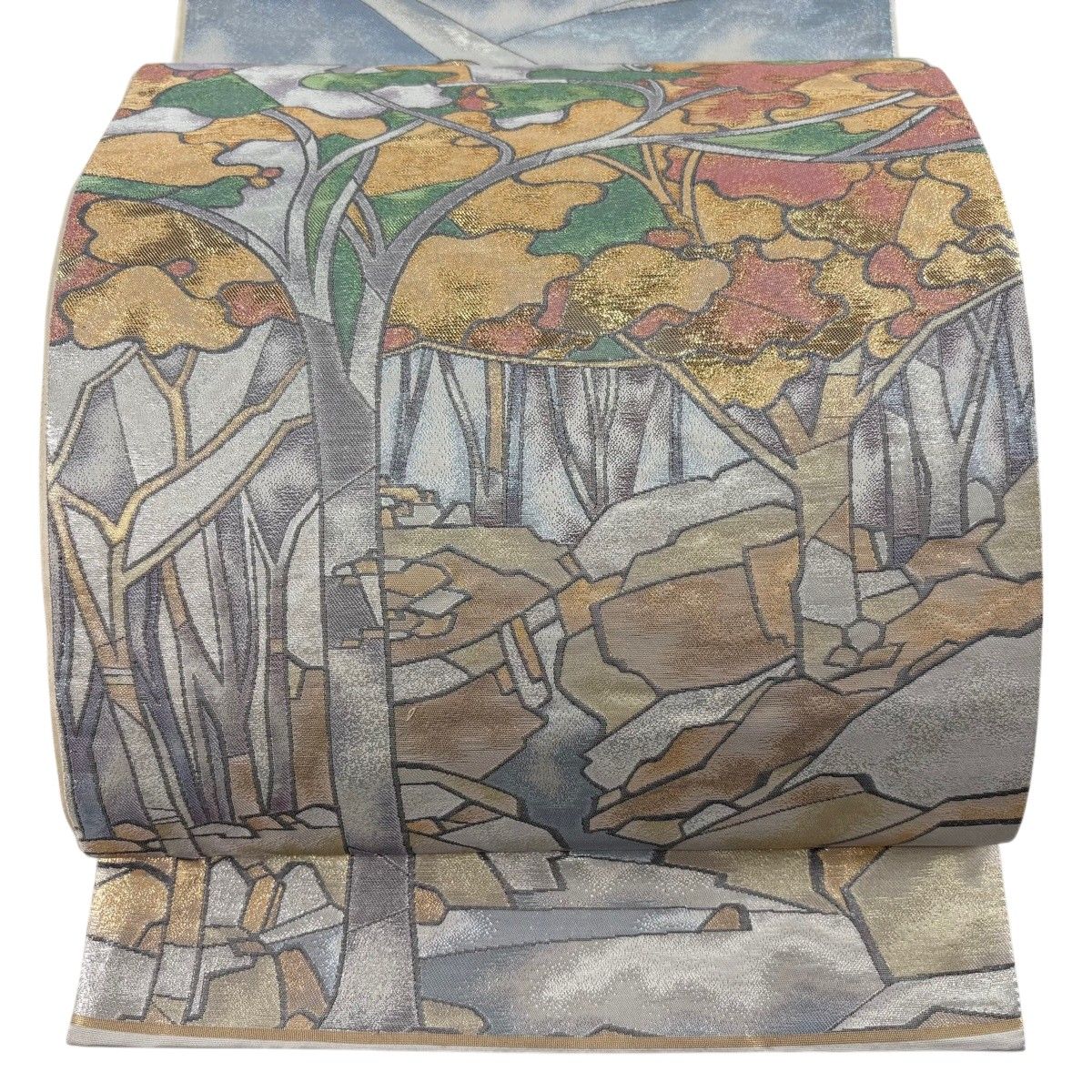 【美品】 袋帯 秀品 関西仕立て 樹木 幾何学 箔 青灰色 六通 正絹 【中古】