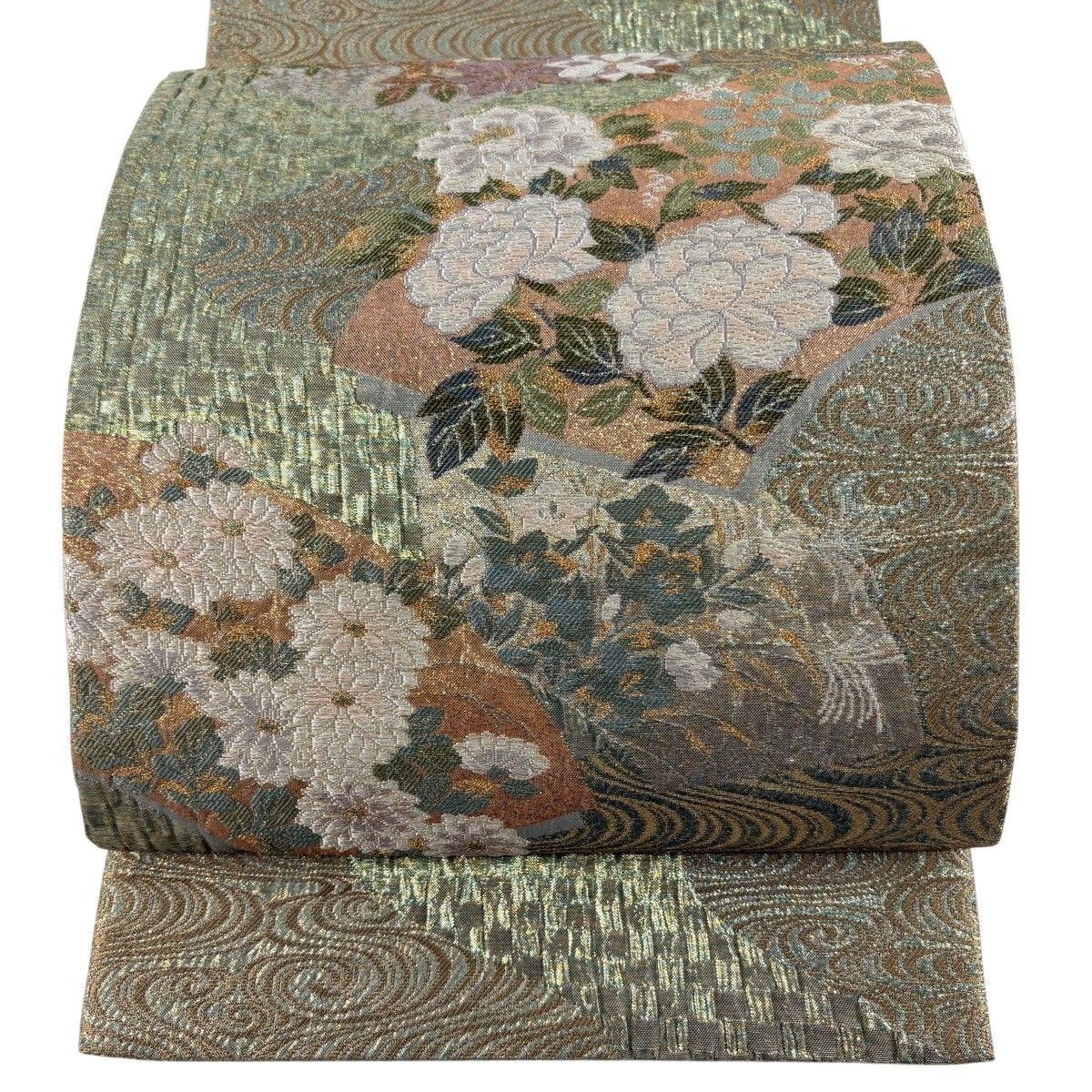 【美品】 袋帯 秀品 牡丹 流水 箔 金銀糸 緑 お太鼓柄 正絹 【中古】