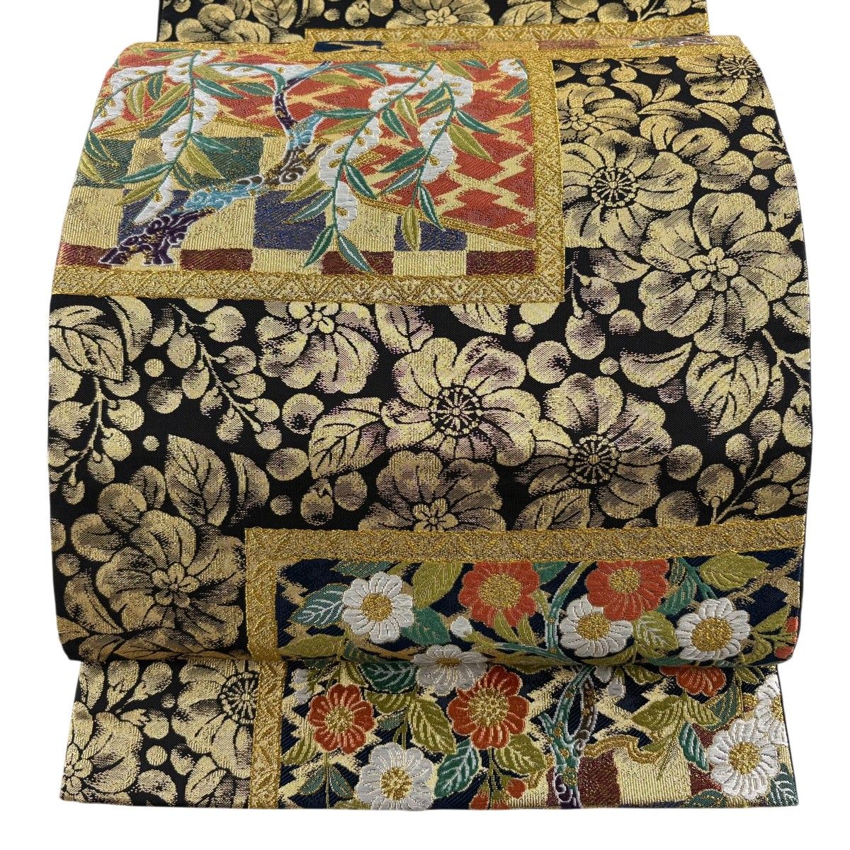 【美品】 袋帯 秀品 草花 金糸 箔 黒 六通 正絹 【中古】