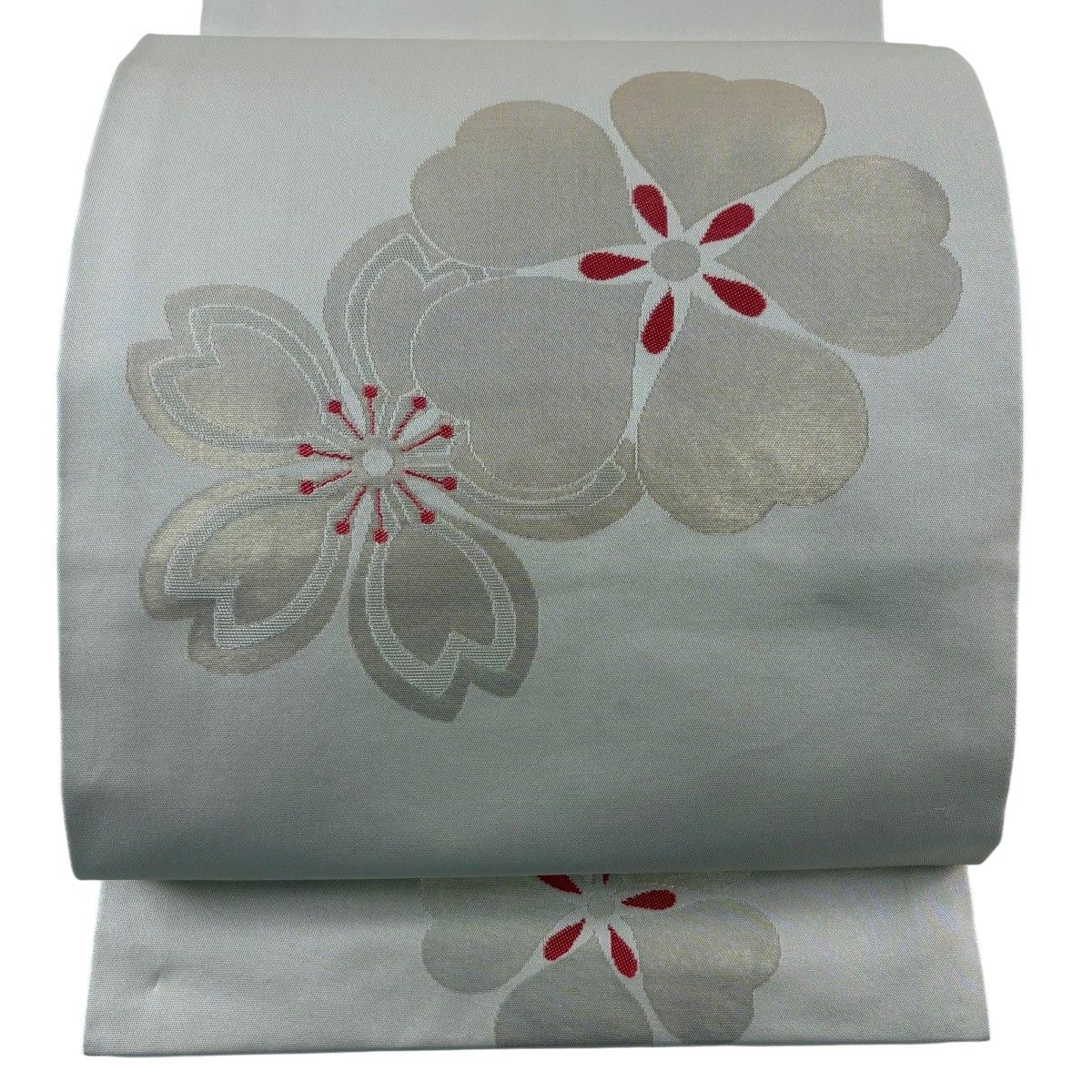 開き名古屋帯 秀品 桝屋高尾 桜 箔 ベージュ 正絹 【中古】