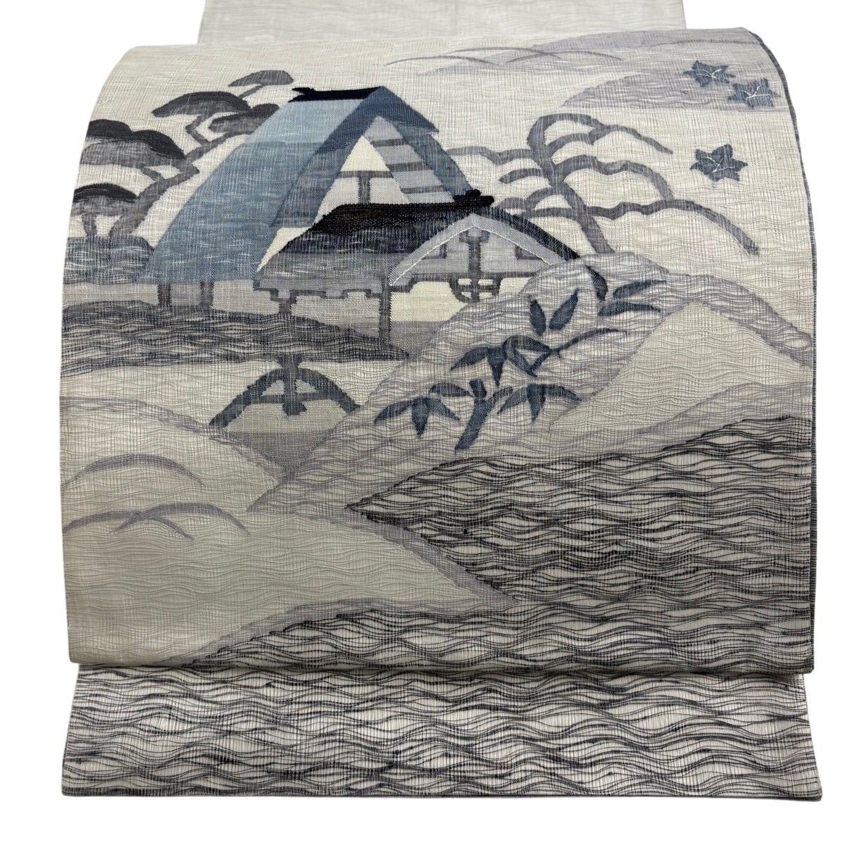 袋帯 秀品 夏帯 建物 松 金糸 灰白 お太鼓柄 正絹 【中古】