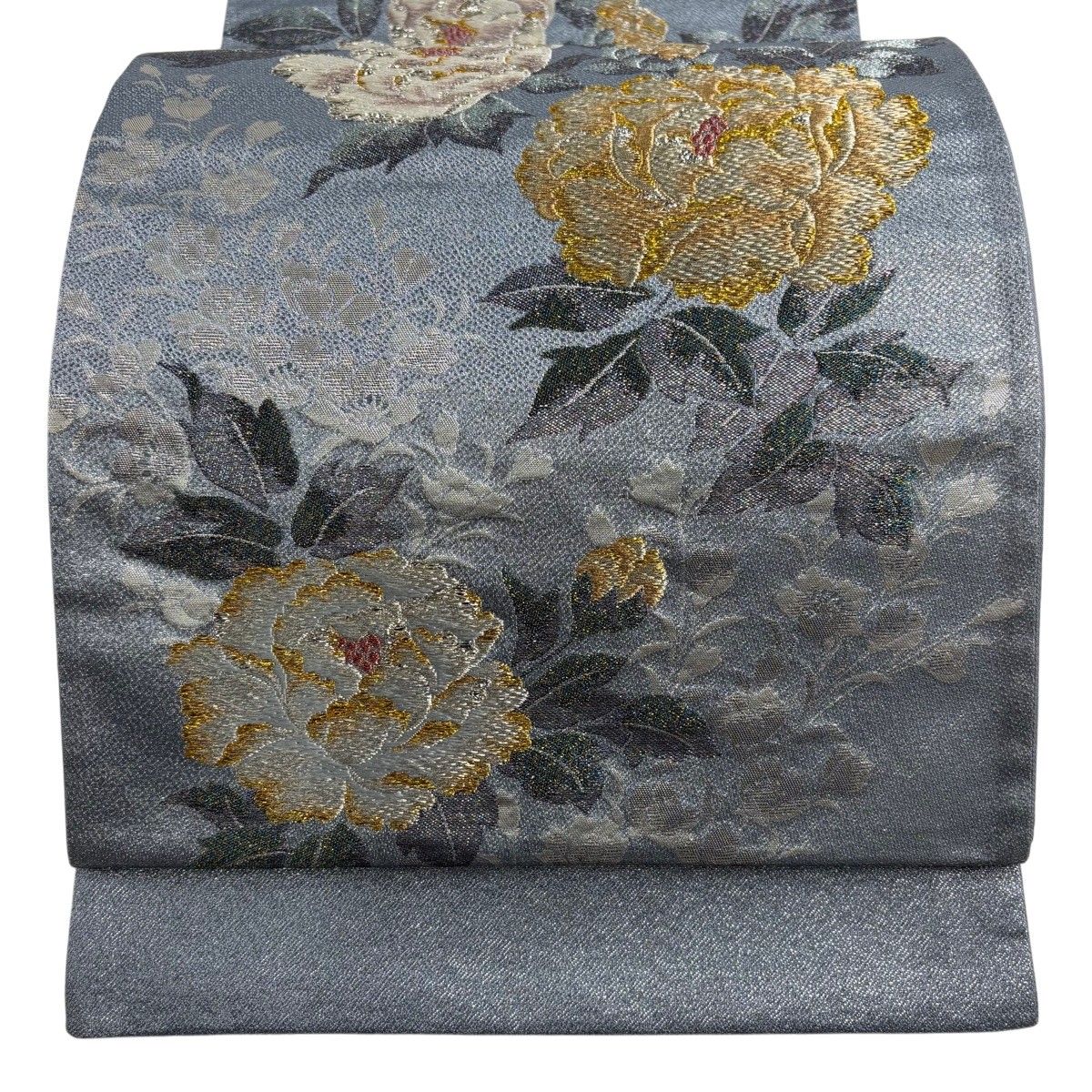 【美品】 袋帯 秀品 証紙 草花 金銀糸 箔 水色 六通 正絹 【中古】