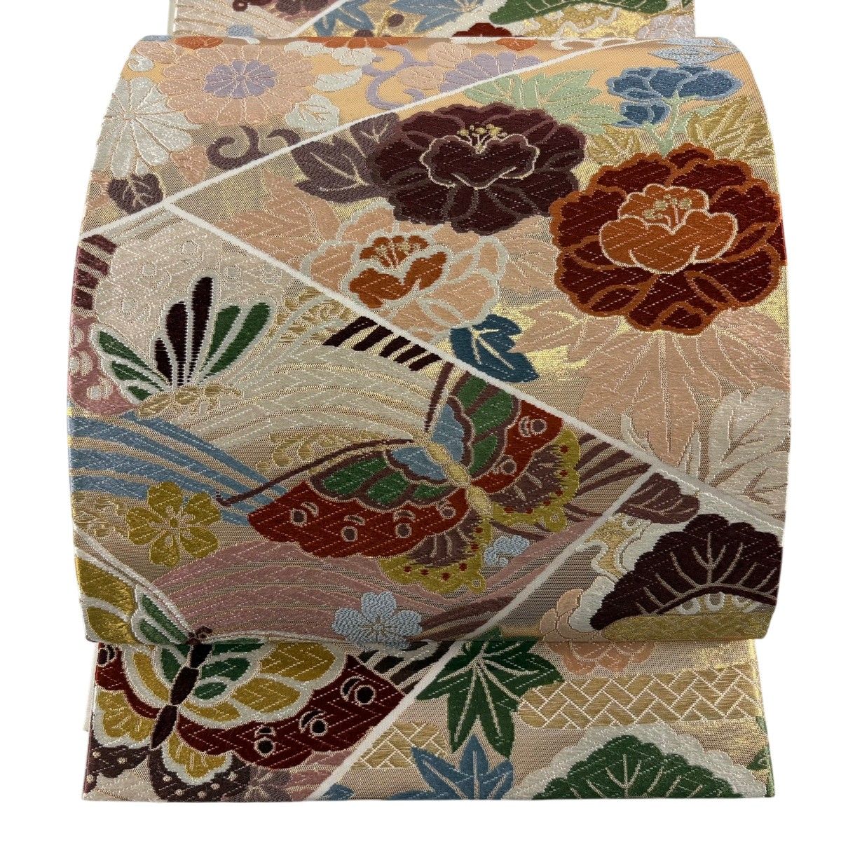 【美品】 袋帯 秀品 蝶 松 金糸 唐織 金色 六通 正絹 【中古】