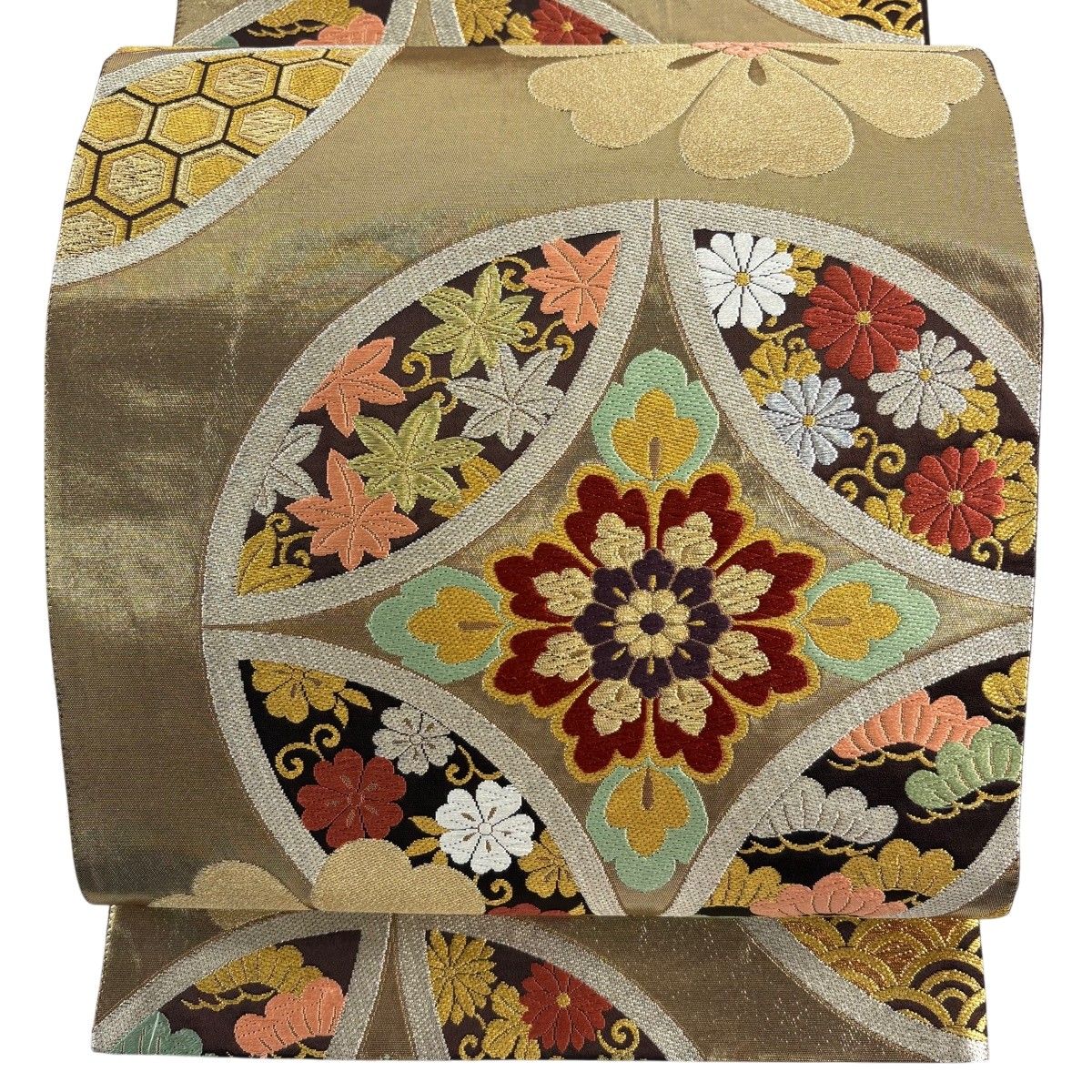 【美品】 袋帯 秀品 華文 七宝 金銀糸 箔 金色 六通 正絹 【中古】