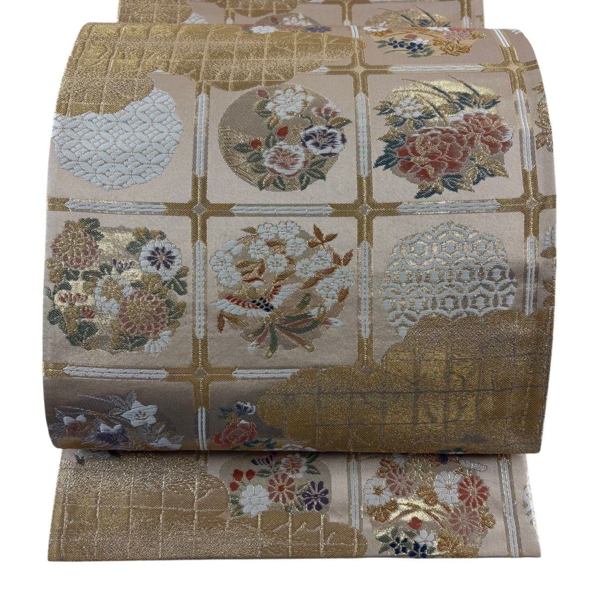 【美品】 袋帯 秀品 花鳥 雲文 金銀糸 箔 金色 六通 正絹 【中古】