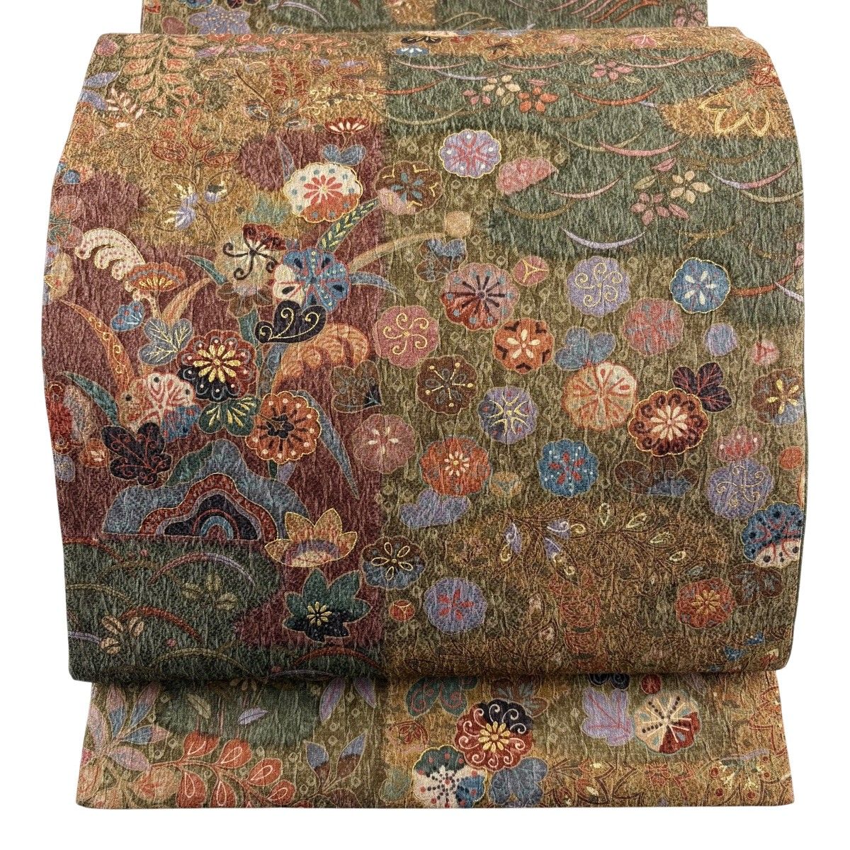 【美品】 袋帯 秀品 草花 芝 金彩 茶色 全通 正絹 【中古】